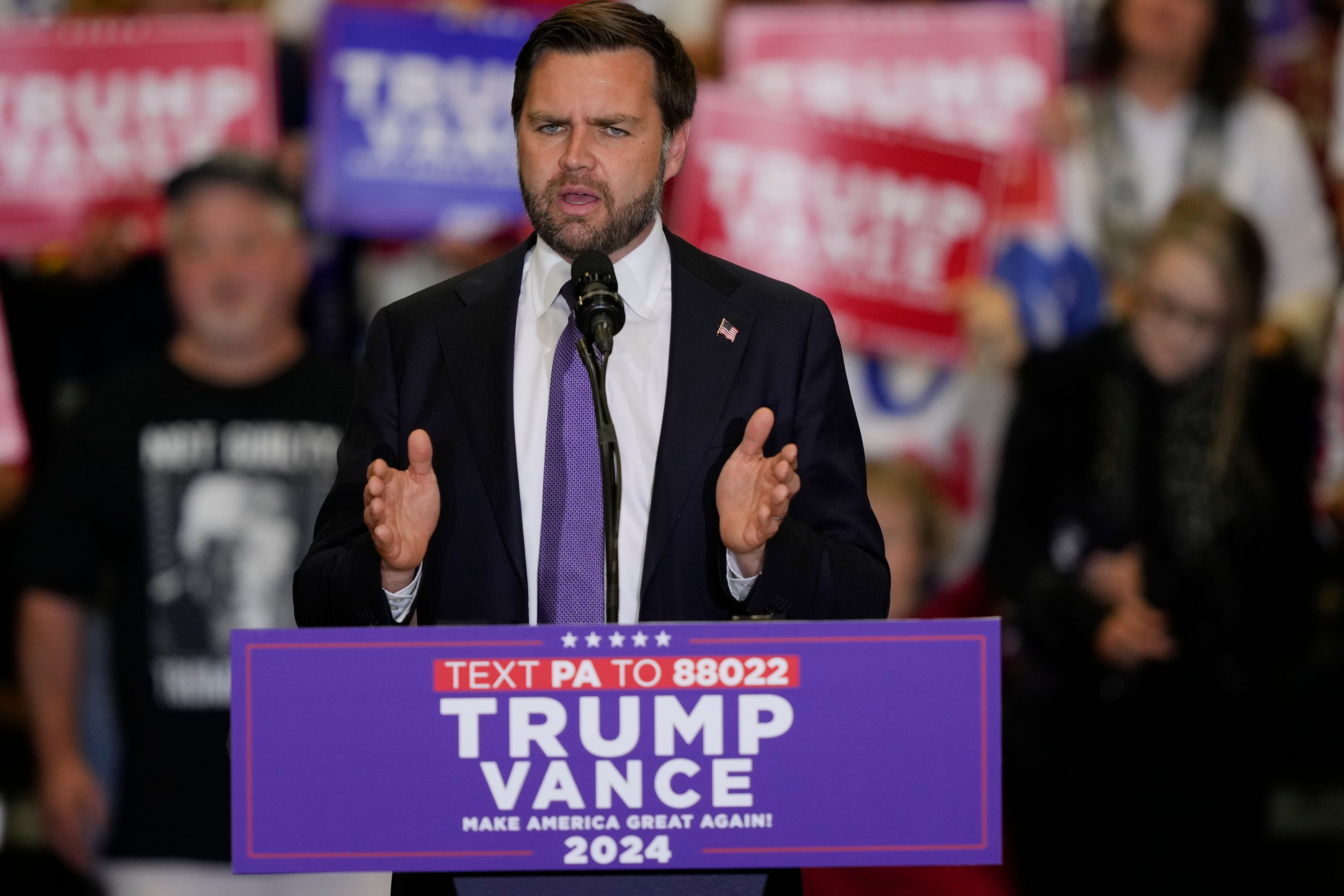 Republican vice presidential nominee Sen. JD Vance, R-Ohio, speaks during a campaign event, Wednesday, Oct. 16, 2024, in Williamsport, Pa. (AP Photo/Matt Rourke)