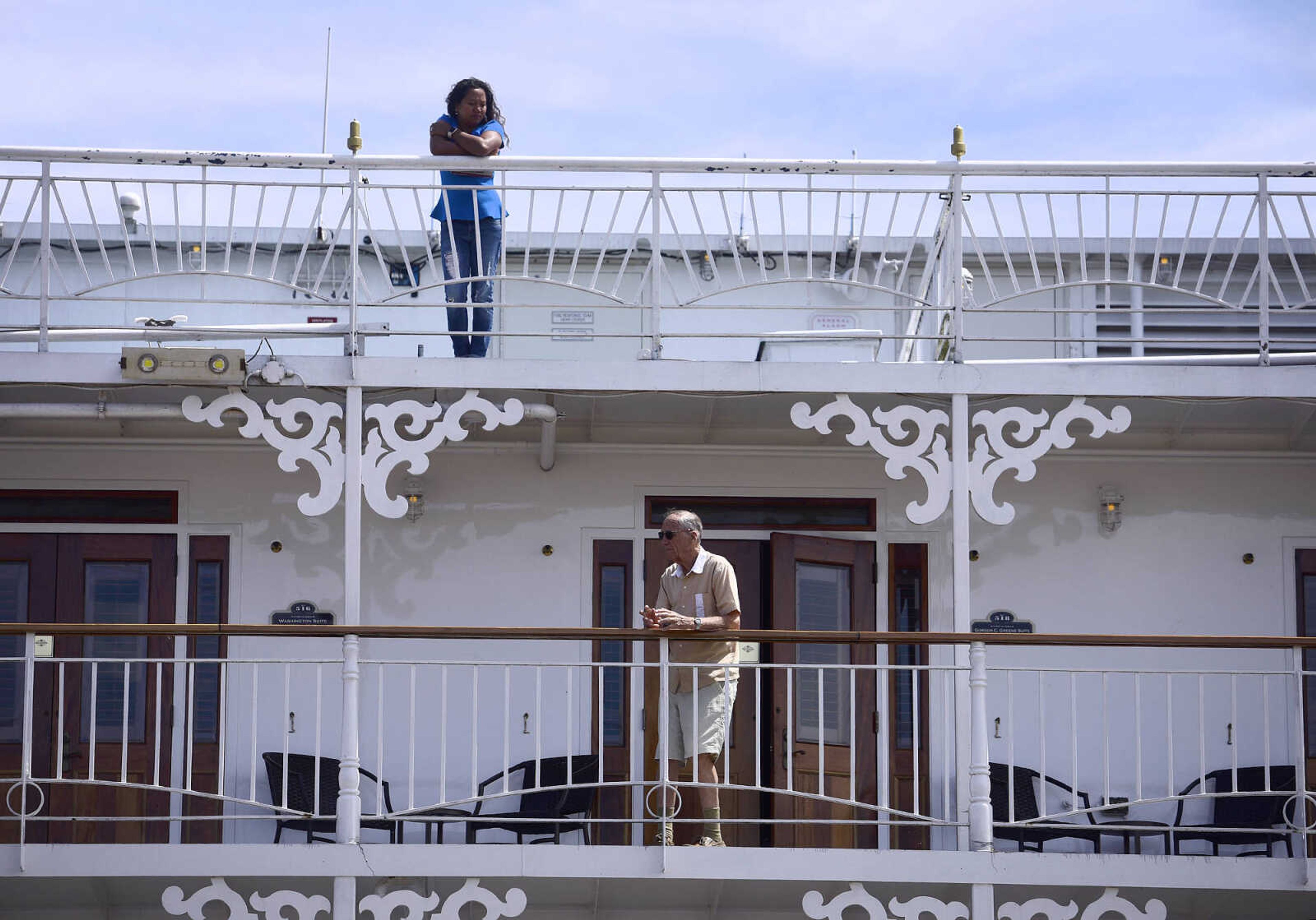 Passengers on the American Queen take in the from the deck as the riverboat prepares to depart Riverfront Park on Wednesday, Aug. 23, 2017, in downtown Cape Girardeau.