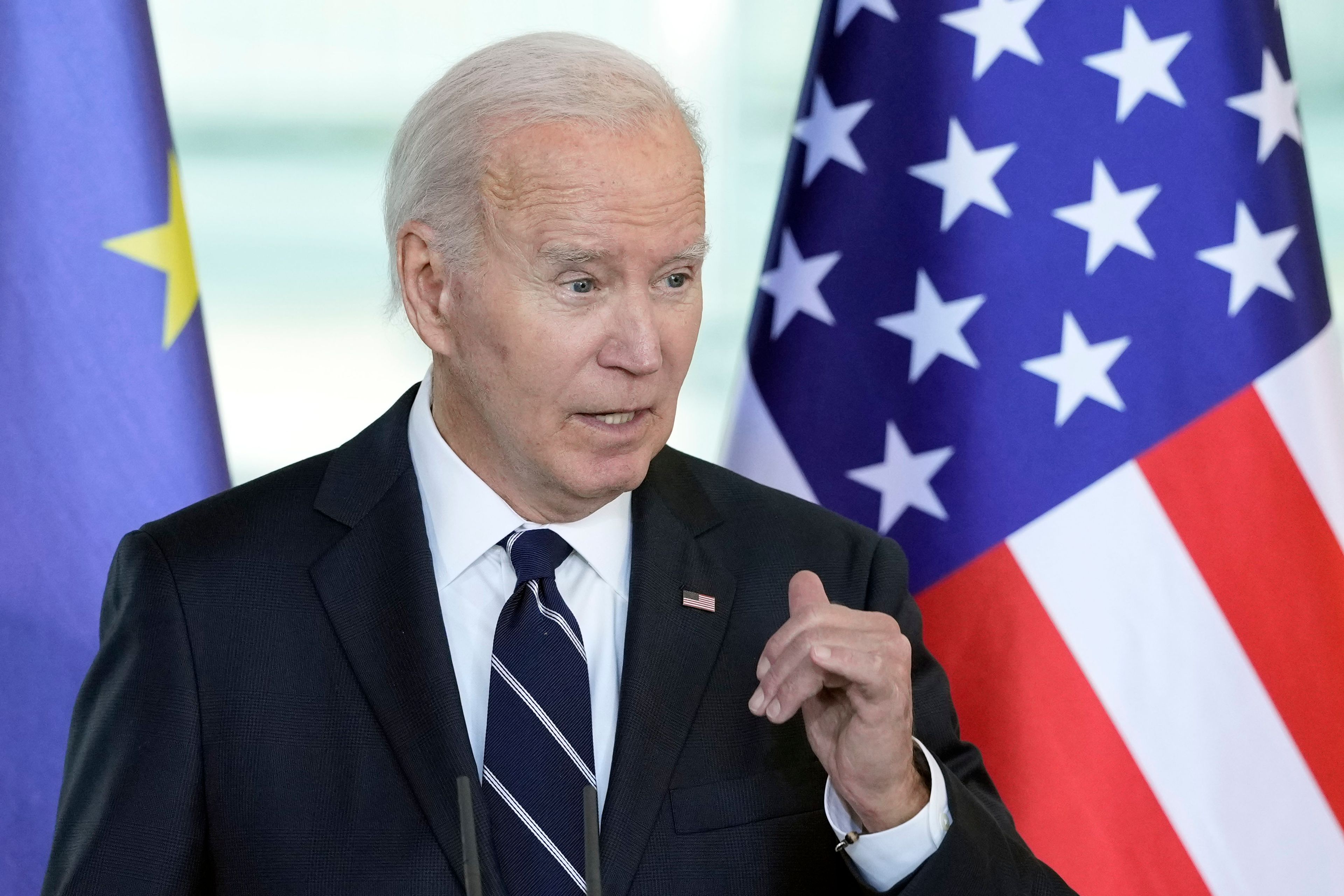 President Joe Biden talks to the media during a joint statement to the press with German Chancellor Olaf Scholz at the Chancellery in Berlin, Germany, Friday, Oct. 18, 2024. (AP Photo/Ebrahim Noroozi)