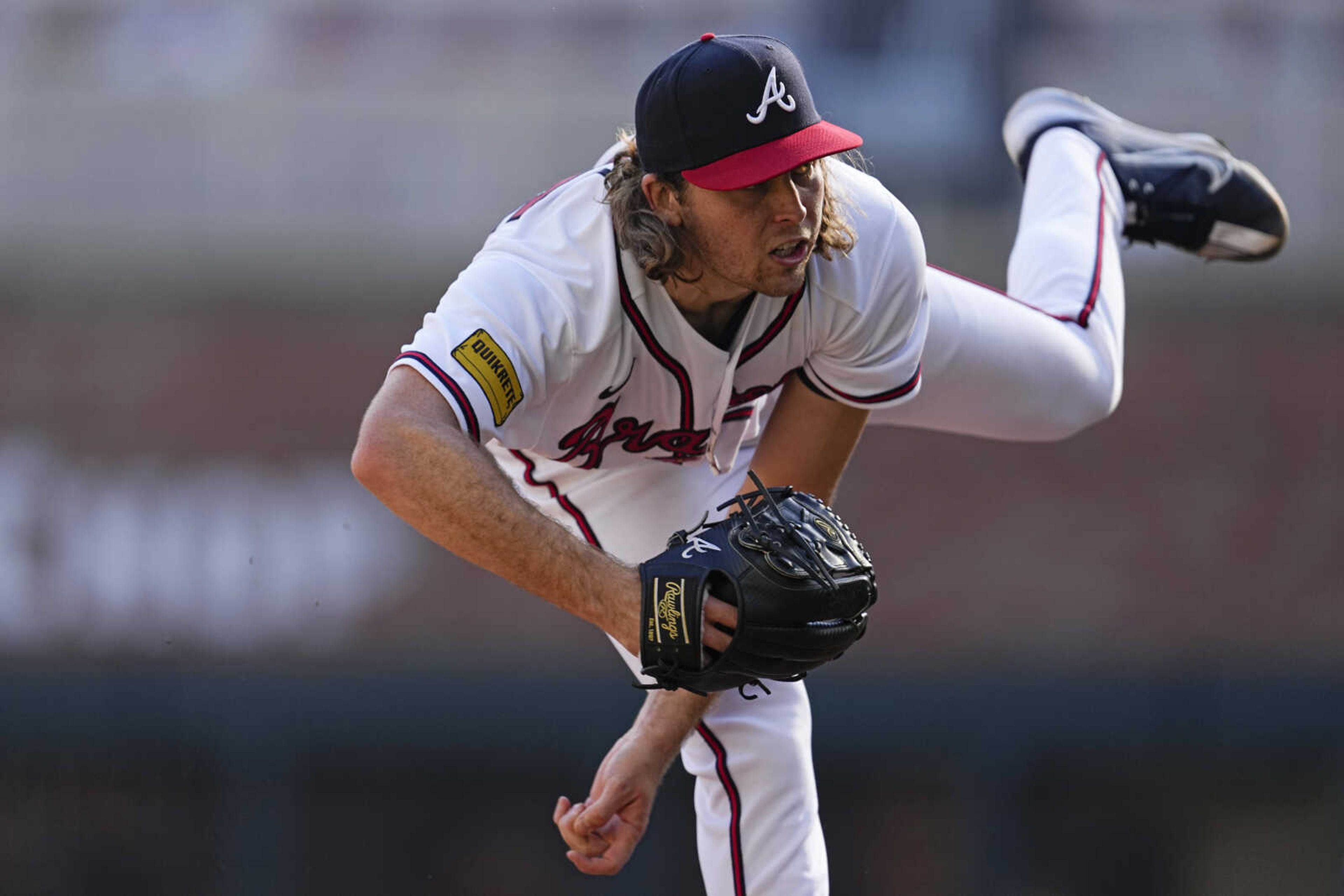 Atlanta Braves pitcher Dylan Dodd works against the Washington Nationals in the sixth inning of a baseball game, Sunday, Oct. 1, 2023, in Atlanta.