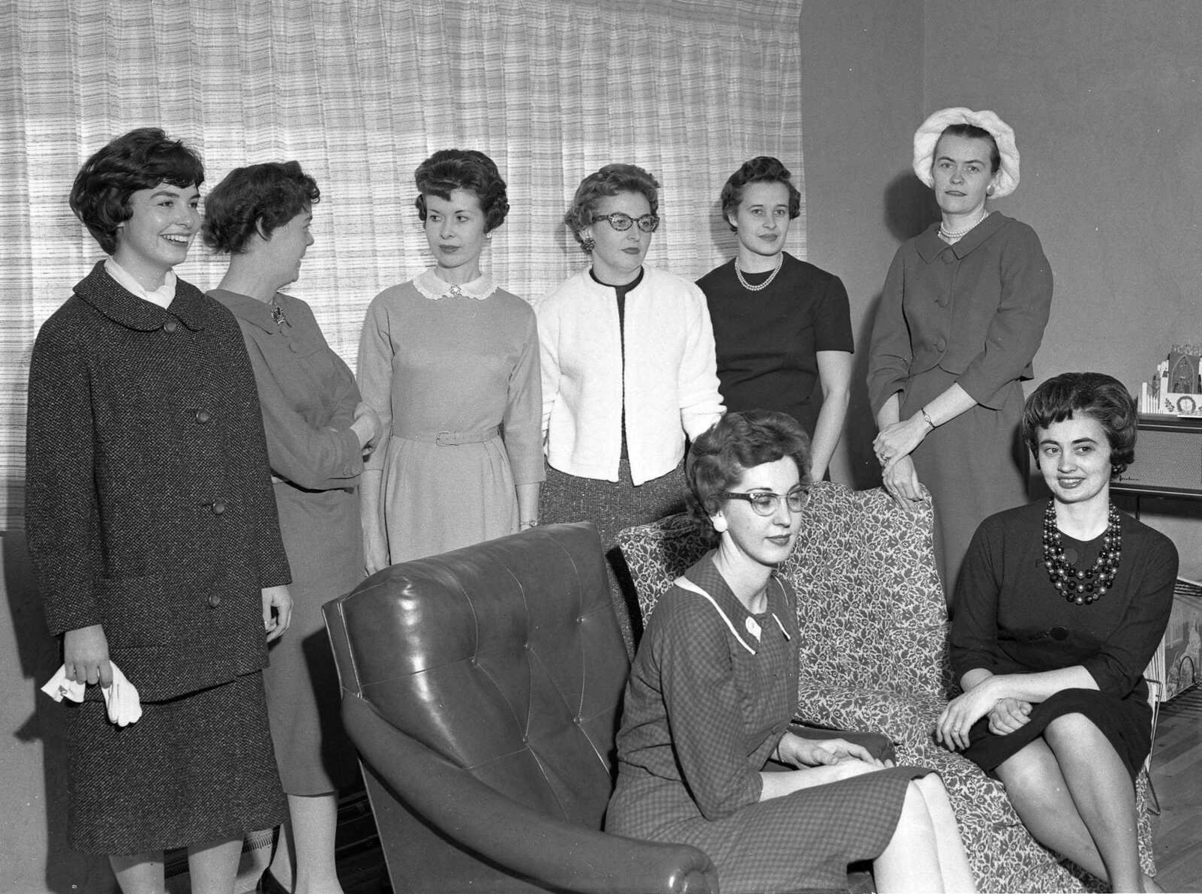 In 1962, 10 Cape Girardeau women vied for the Outstanding Young Woman of Cape Girardeau award. Candidates were, seated, Mrs. Stephen E. Strom and Mrs. Charles E. Knote, and standing were, from the left, Mrs. Gary Rust, Judith Ann Crow, Mrs. Dan B. Cotner, Mrs. Melvin C. Kasten, Mrs. J.J. Russell and Mrs. John P. Bradshaw. Not pictured were Mrs. Milton George and Mrs. W.E. Walker Jr.