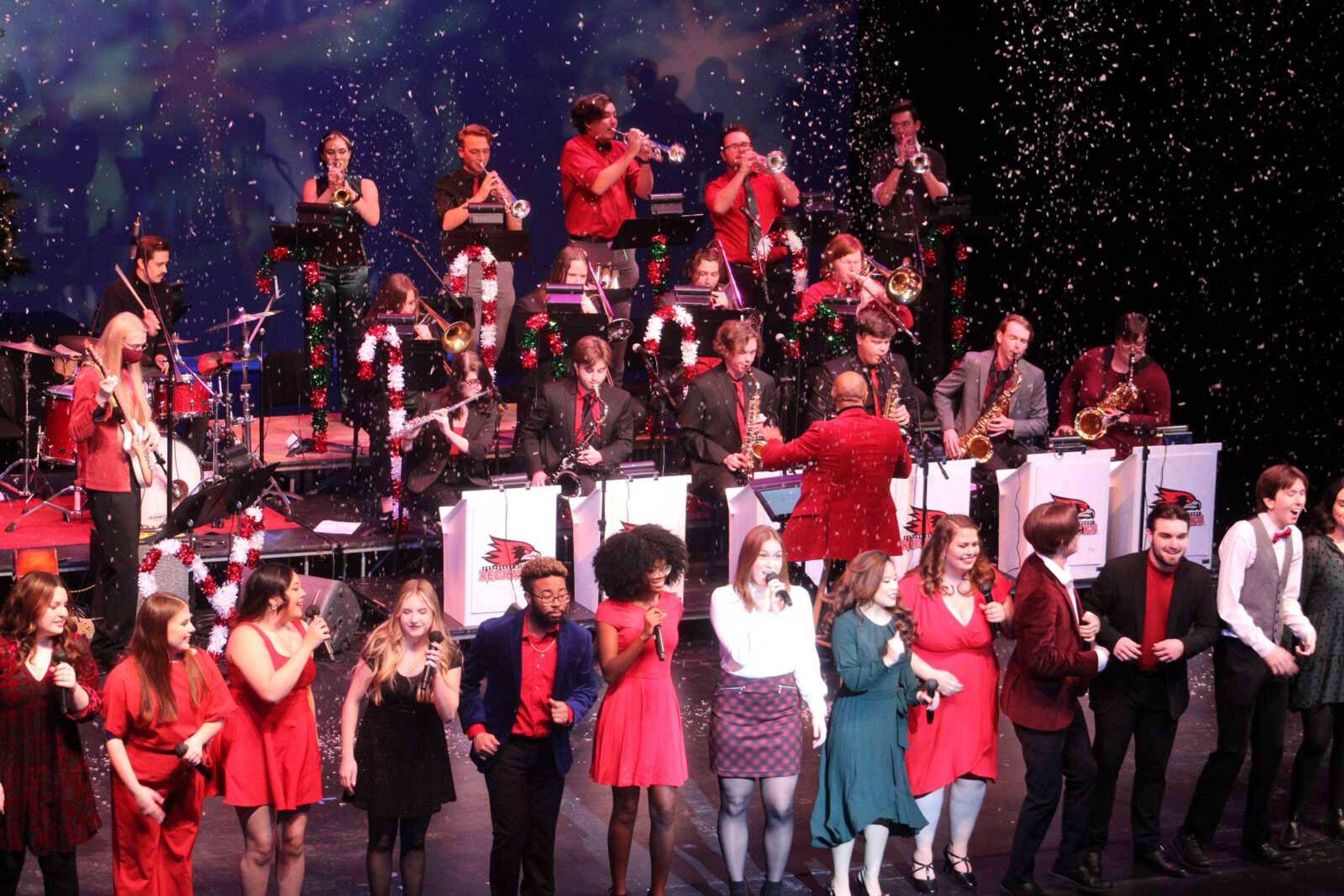 Students in Southeast Missouri State University Department of Music and the Jeanine Larson Dobbins Conservatory of Theatre and Dance perform during the Big Band Christmas Jukebox concert Saturday, Dec. 4, 2021, in Bedell Performance Hall on SEMO's River Campus in Cape Girardeau.