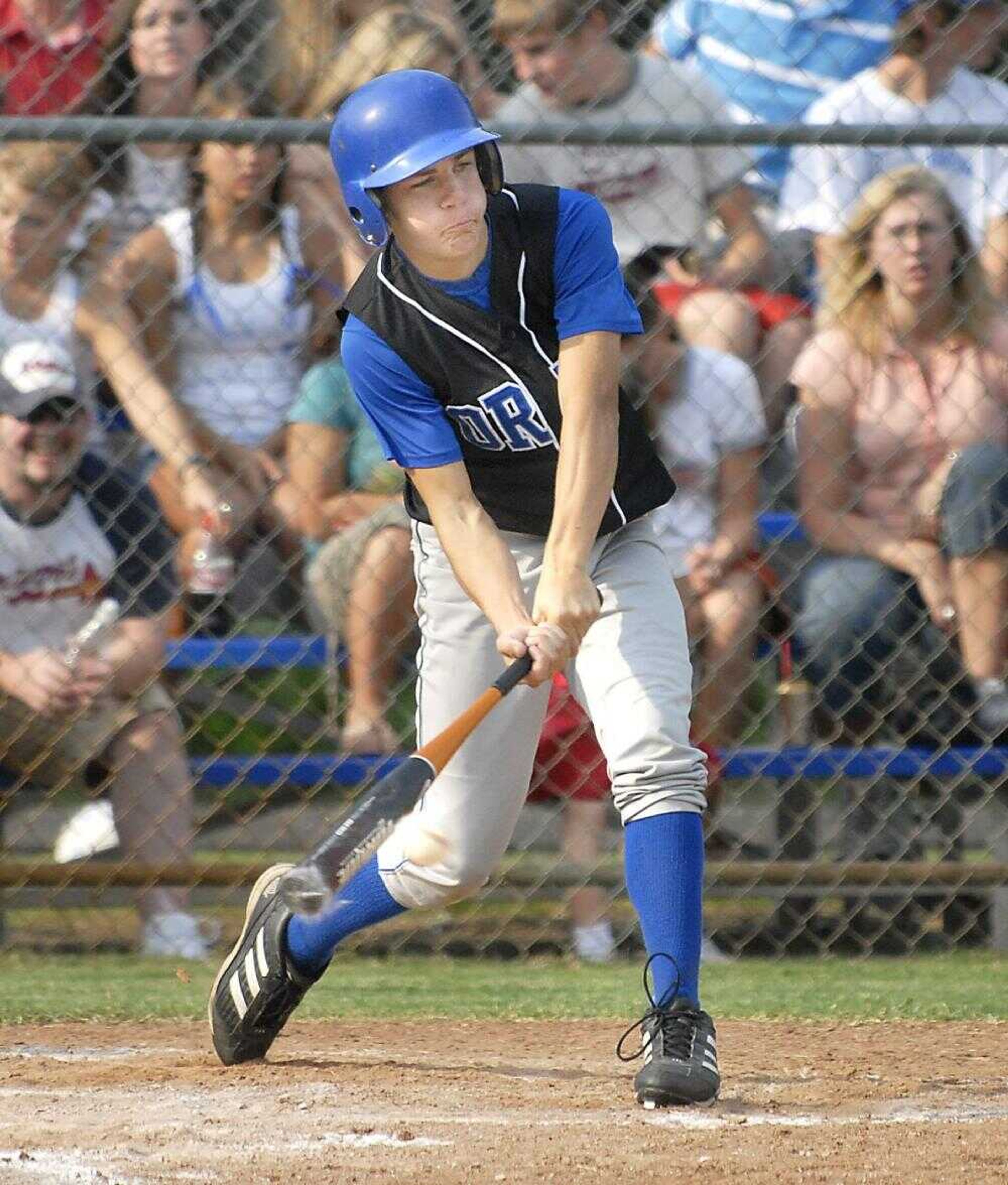 Oran's Cody Dirnberger connected with a low pitch during Oran's 3-0 sectional win at Cooter on Wednesday. (Kit Doyle)