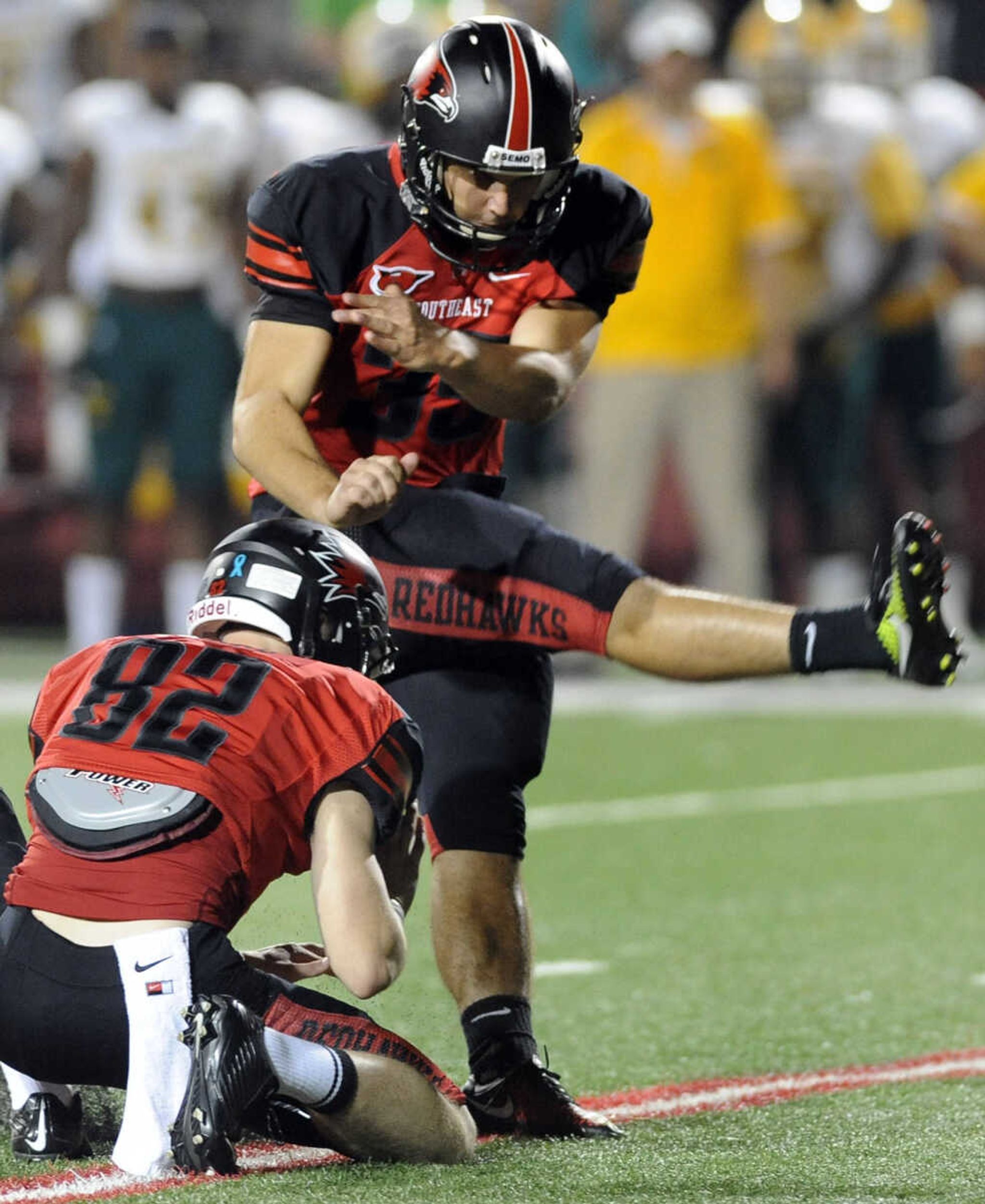 Southeast Missouri State kicker Ryan McCrum kicks the go-ahead extra point against Southeastern Louisiana during a game at Houck Stadium last year. (Fred Lynch)