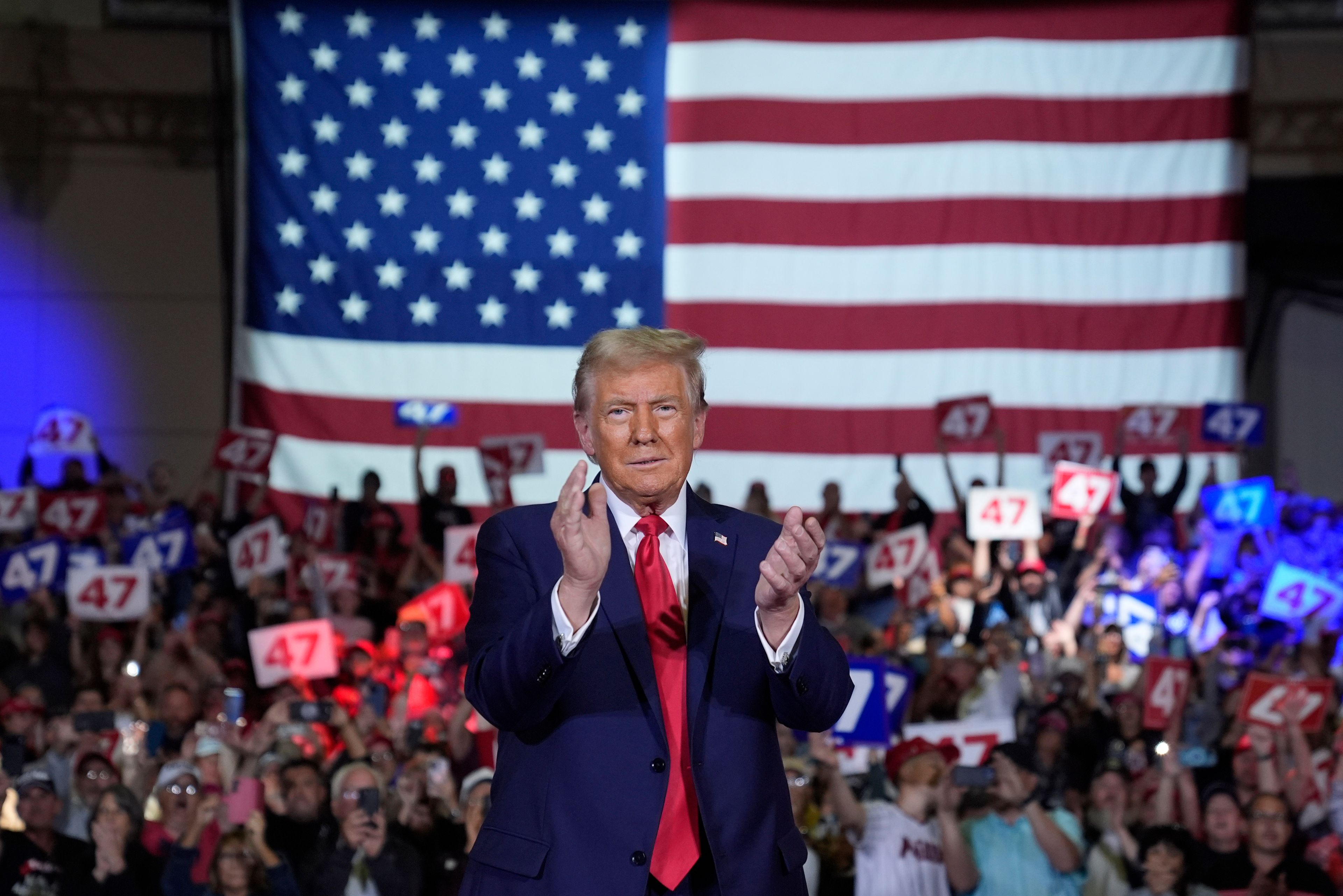 Republican presidential nominee former President Donald Trump arrives for a town hall at Lancaster County Convention Center, Sunday, Oct. 20, 2024, in Lancaster, Pa. (AP Photo/Evan Vucci)