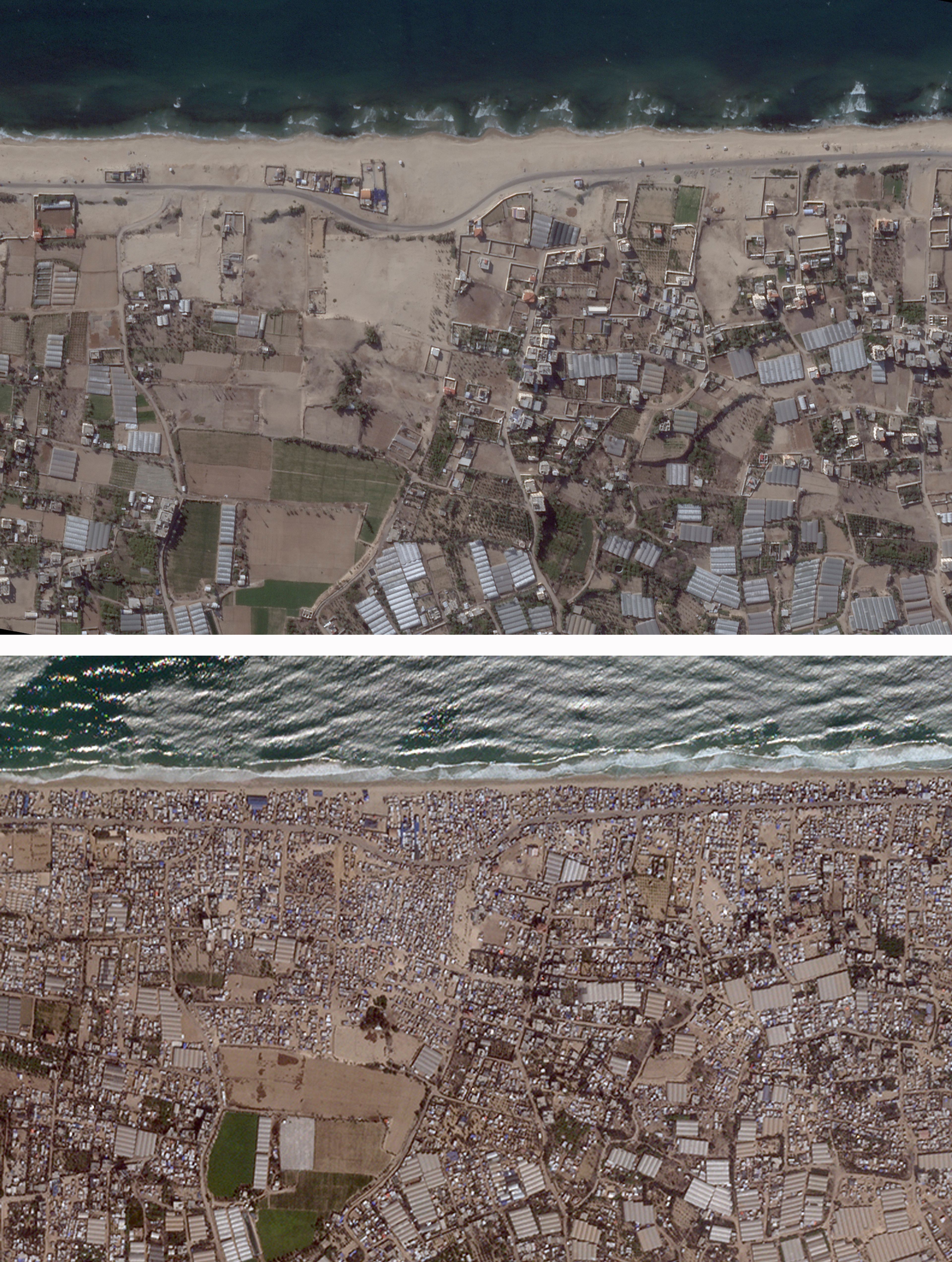 CORRECTS TOWN NAME This satellite photo combination from Planet Labs shows Muwasi, a Palestinian town on the southern coast of the Gaza Strip that Israel calls a "humanitarian zone", in May 2023. top, and with tent camps Aug. 2024, below. (Planet Labs via AP)