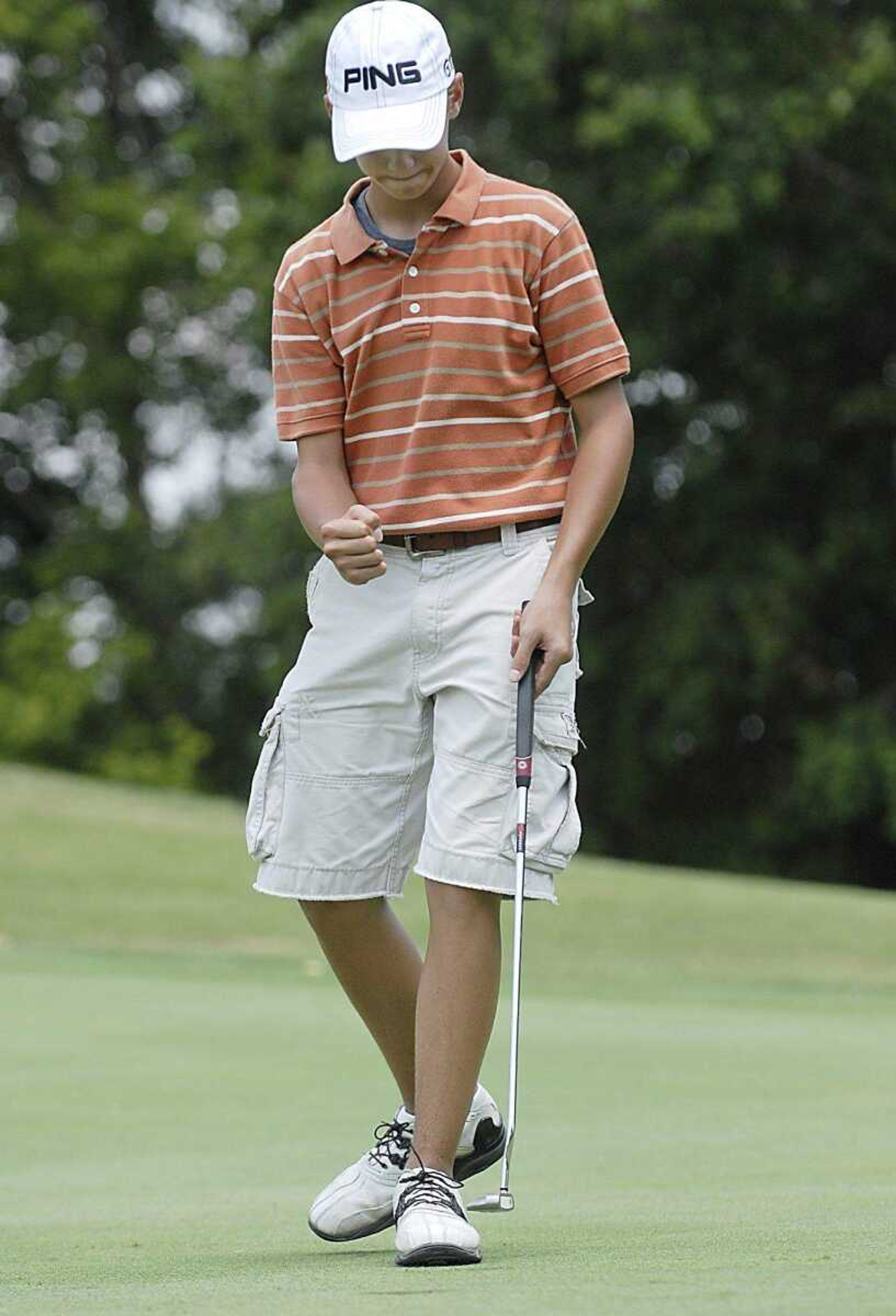 KIT DOYLE ~ kdoyle@semissourian.com
Collin Davis, 14, pumped his first following a putt Wednesday, June 25, 2008, during the PGA Gateway Junior Series tournament at Bent Creek in Jackson.