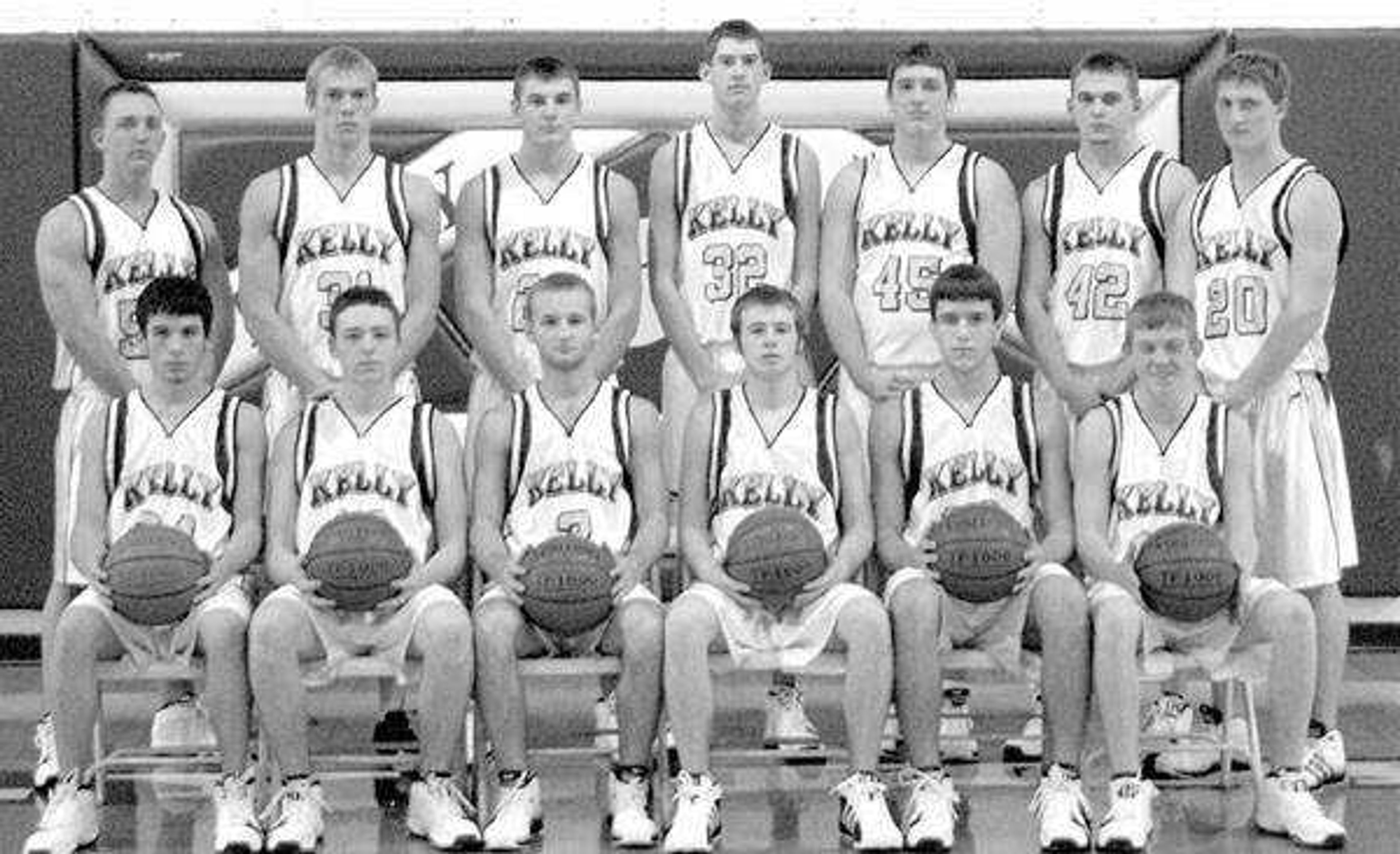 Members of the Kelly boys basketball team, from left: Front -- Russell Carroll, Kyle Chipman, Stephen Strobel, Tyler Thurman, Derek Brucker, Brad Coleman; Back -- Jacob Glastetter, Jordan Felter, Dallas Tew, Zach Hamm, Spencer Ayers, Thomas DeBrock and Brandon Ayers.