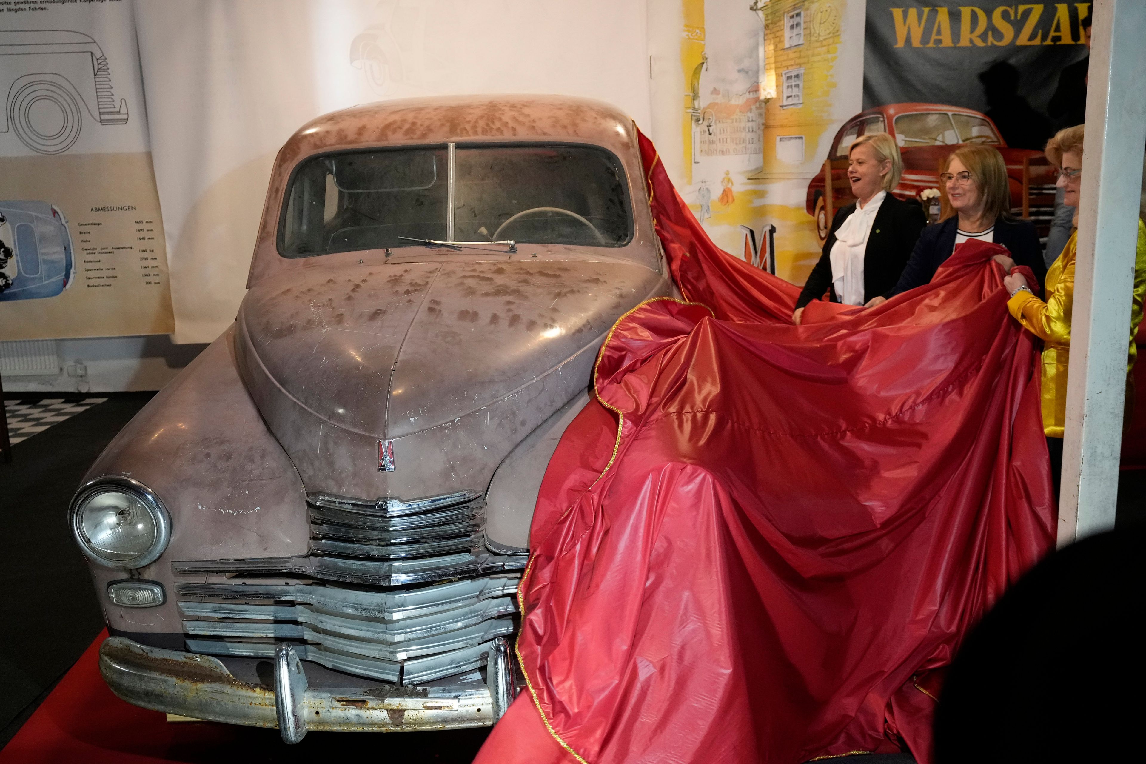 This Warszawa M-20 car with serial number 000001, based on a Soviet Union's model, was the first vehicle to leave a car factory in Poland after World War II, on Nov. 6, 1951 and now, 73 years later, it goes on public display at a private museum in Otrebusy, central Poland, on Wednesday, Nov. 6, 2024. (AP Photo/Czarek Sokolowski)