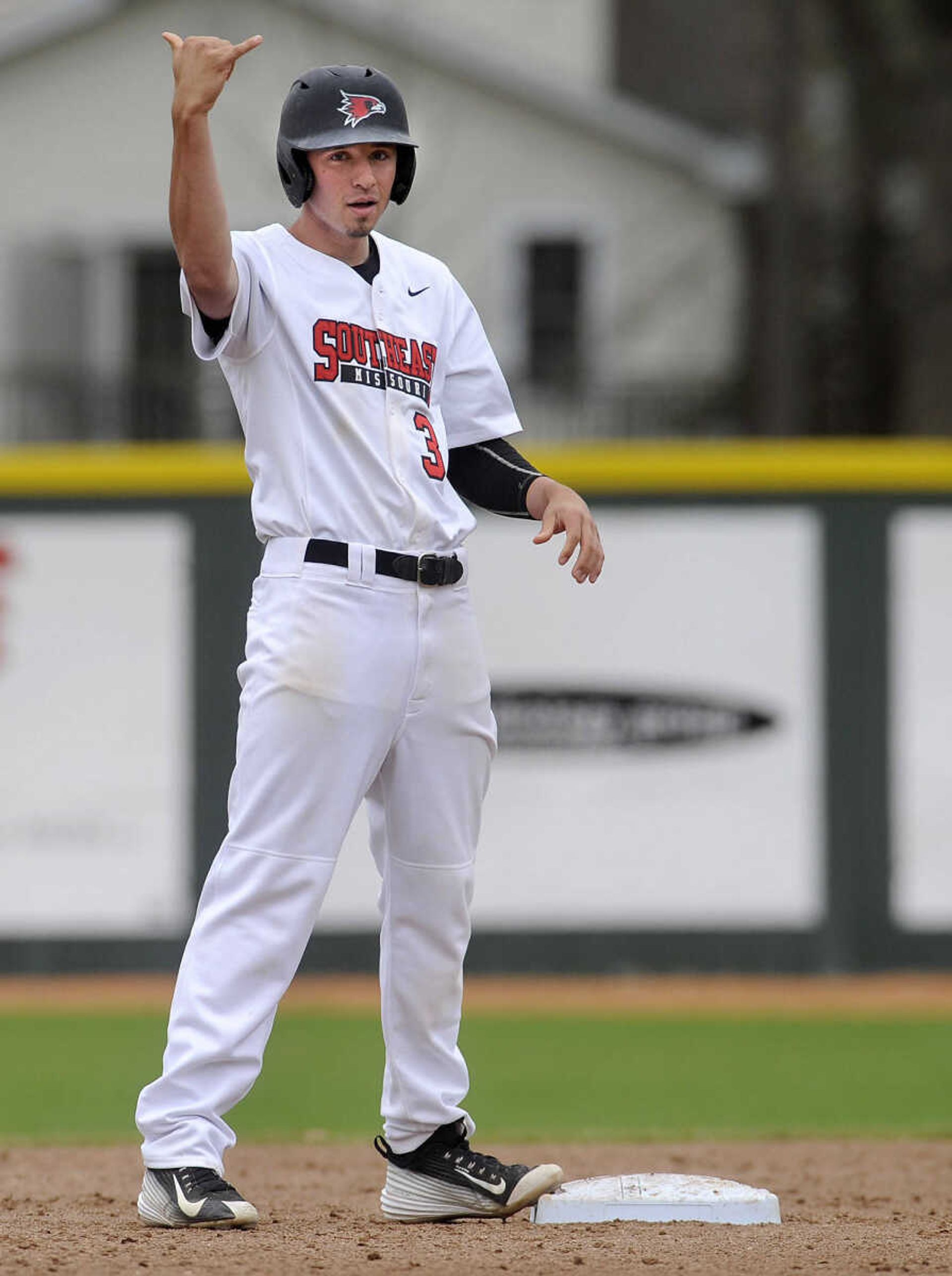 Southeast Missouri State's Branden Boggetto signals after his two-RBI double down the left-field line against Austin Peay during the second inning Sunday, April 5, 2015 at Capaha Field. (Fred Lynch)