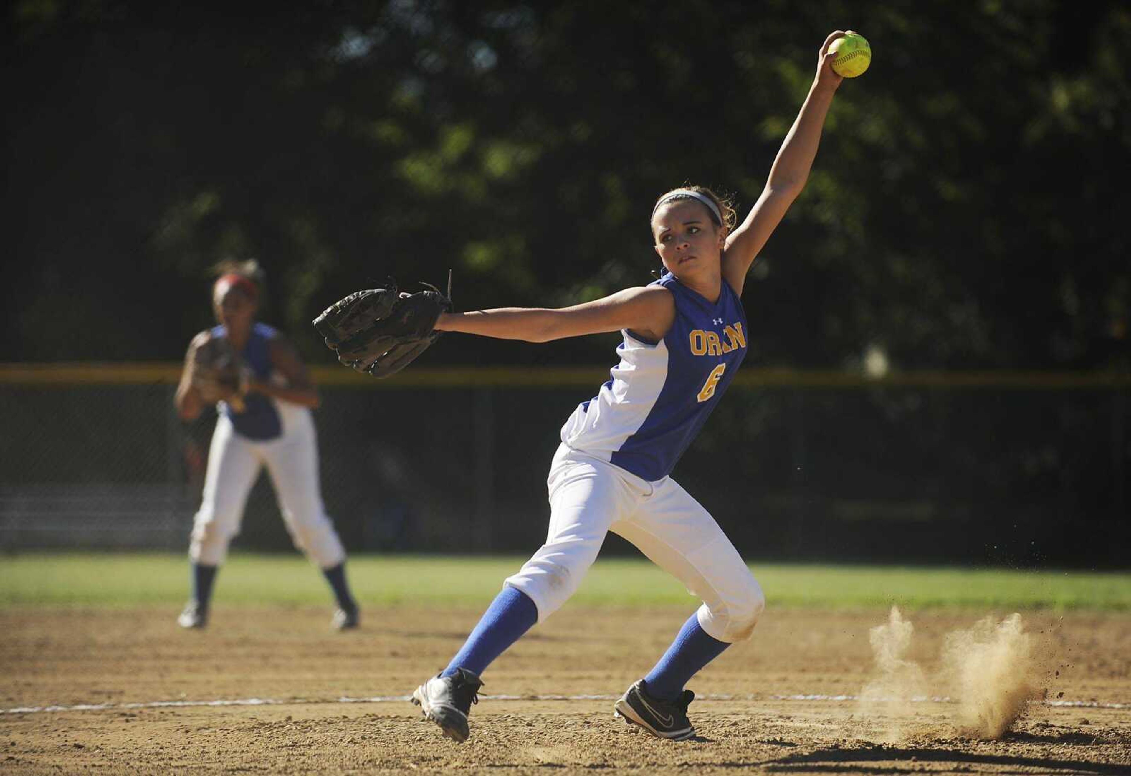 ADAM VOGLER ~ avogler@semissourian.com<br>Oran pitcher Anna Jones throws a strike to Delta&#8217;s Machela VanGennip during the Eagles&#8217; 13-3 five-inning win over the Bobcats<br>Wednesday. Jones threw a no-hitter during the game.