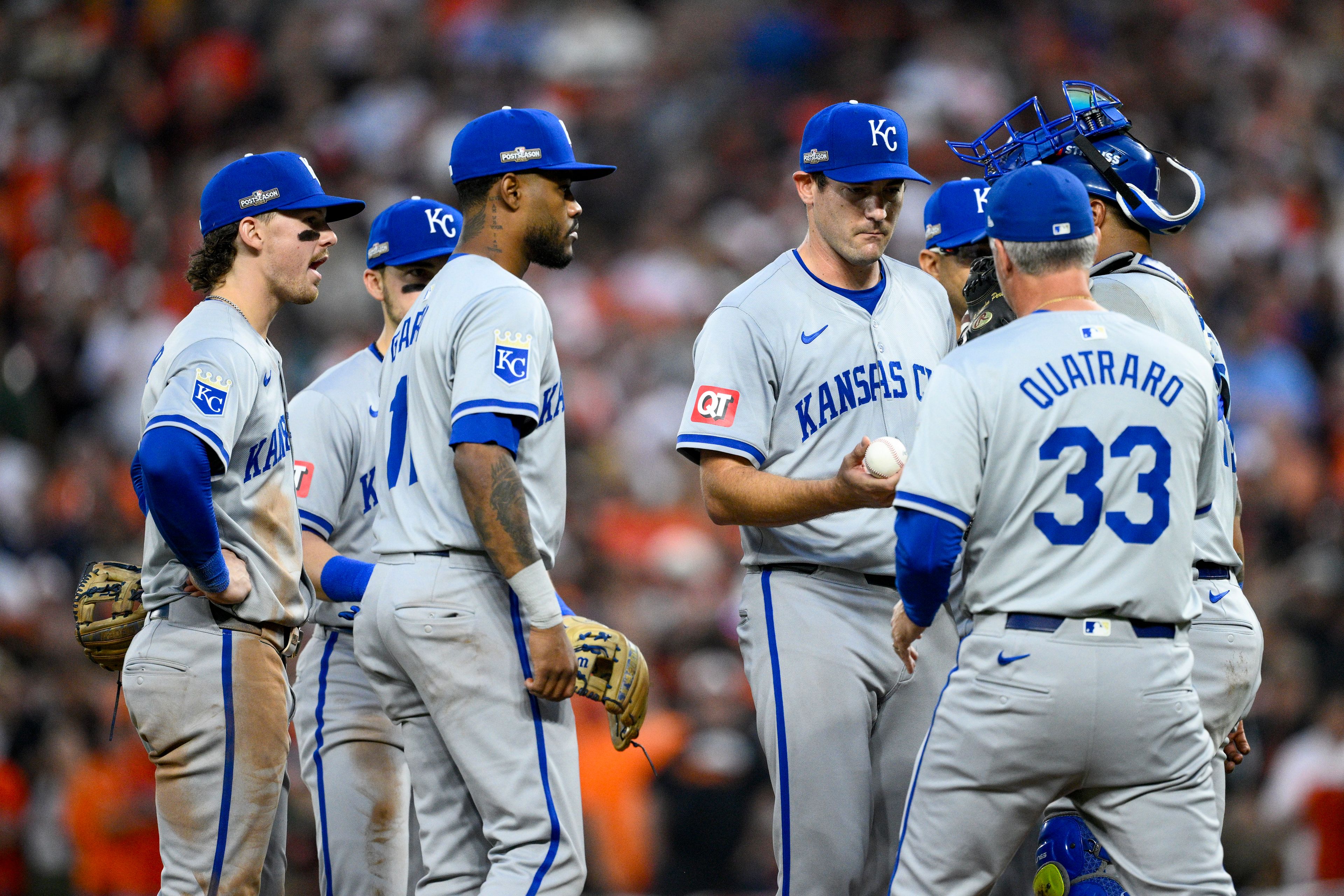 Kansas City Royals manager Matt Quatraro (33) takes the ball from pitcher Seth Lugo while going to a reliever during the fifth inning in Game 2 of an AL Wild Card Series baseball game against the Baltimore Orioles, Wednesday, Oct. 2, 2024 in Baltimore. (AP Photo/Nick Wass)