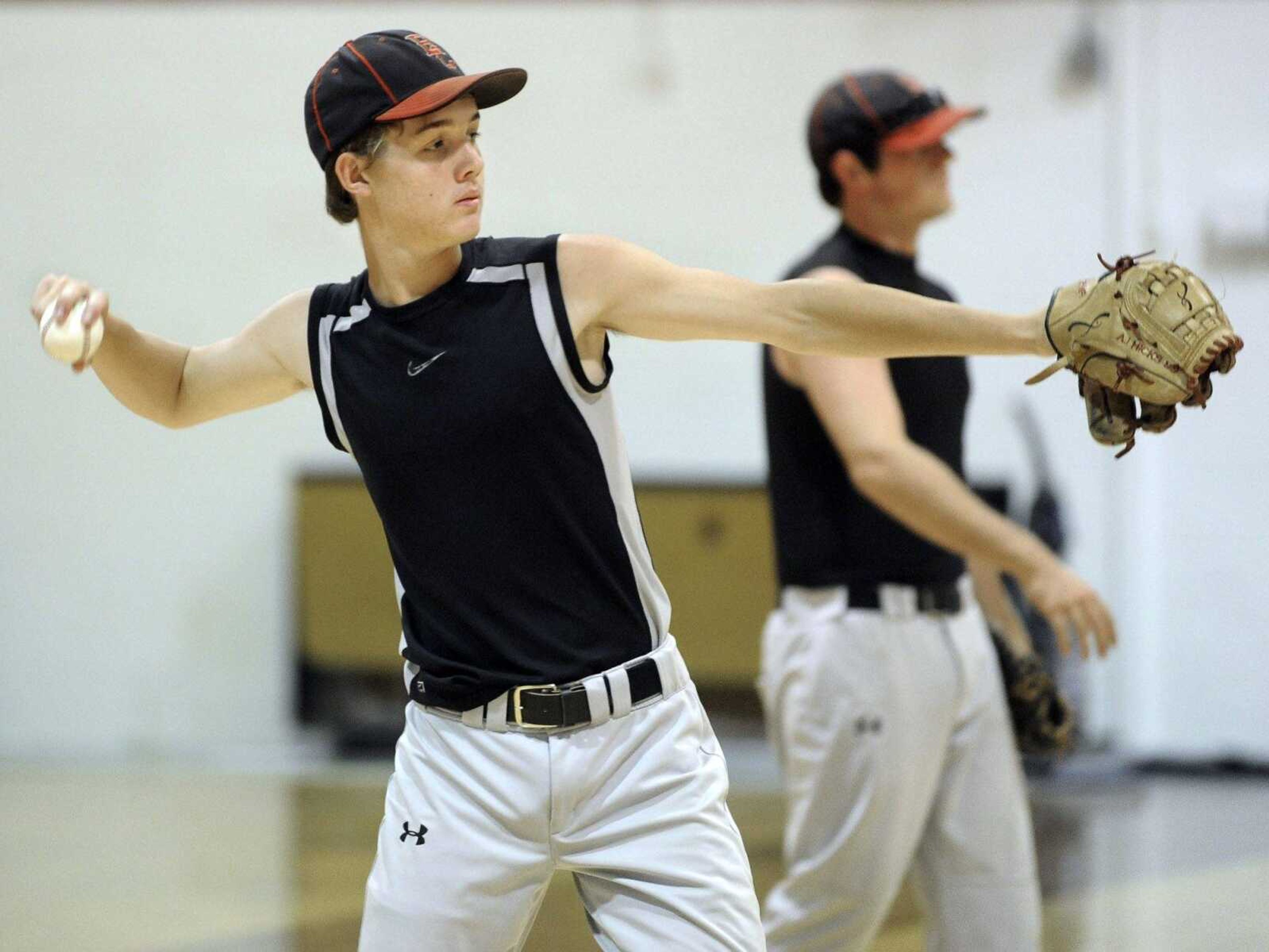 Bell City sophomore pitcher Austin Hicks practices indoors with the team Sunday in Bell City, Missouri. Introducing fall baseball this school year helped the Cubs turn the corner, going from a losing record in 2014 to a  23-3 mark and a trip to the Class 1 final four. (Fred Lynch)