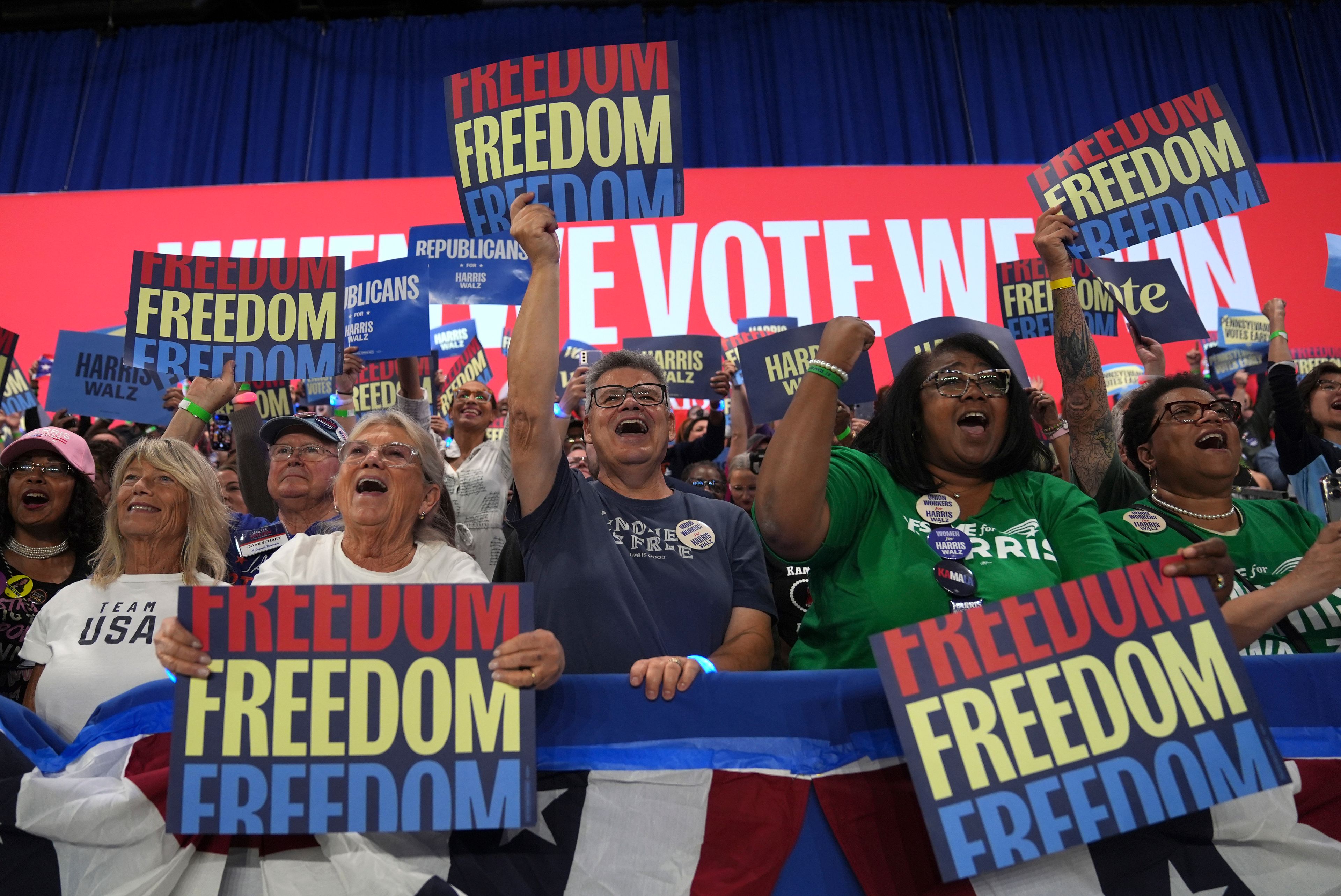 FILE - Supporters cheer as Democratic presidential nominee Vice President Kamala Harris speaks during a campaign event, Oct. 30, 2024, in Harrisburg, Pa. (AP Photo/Matt Rourke, File)