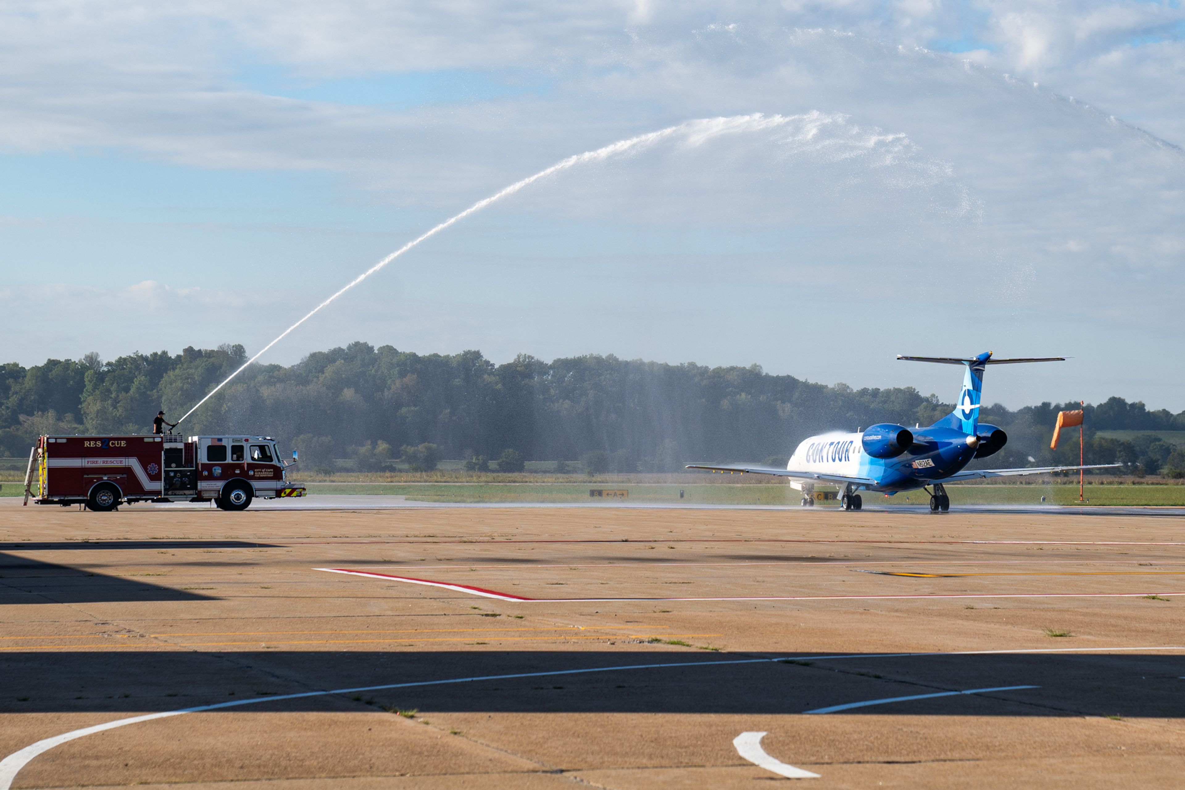 A ceremonial water cannon salute sets off Cape Girardeau Regional Airport’s first flight to Chicago from the new terminal Tuesday, Oct. 1, in Cape Girardeau.  