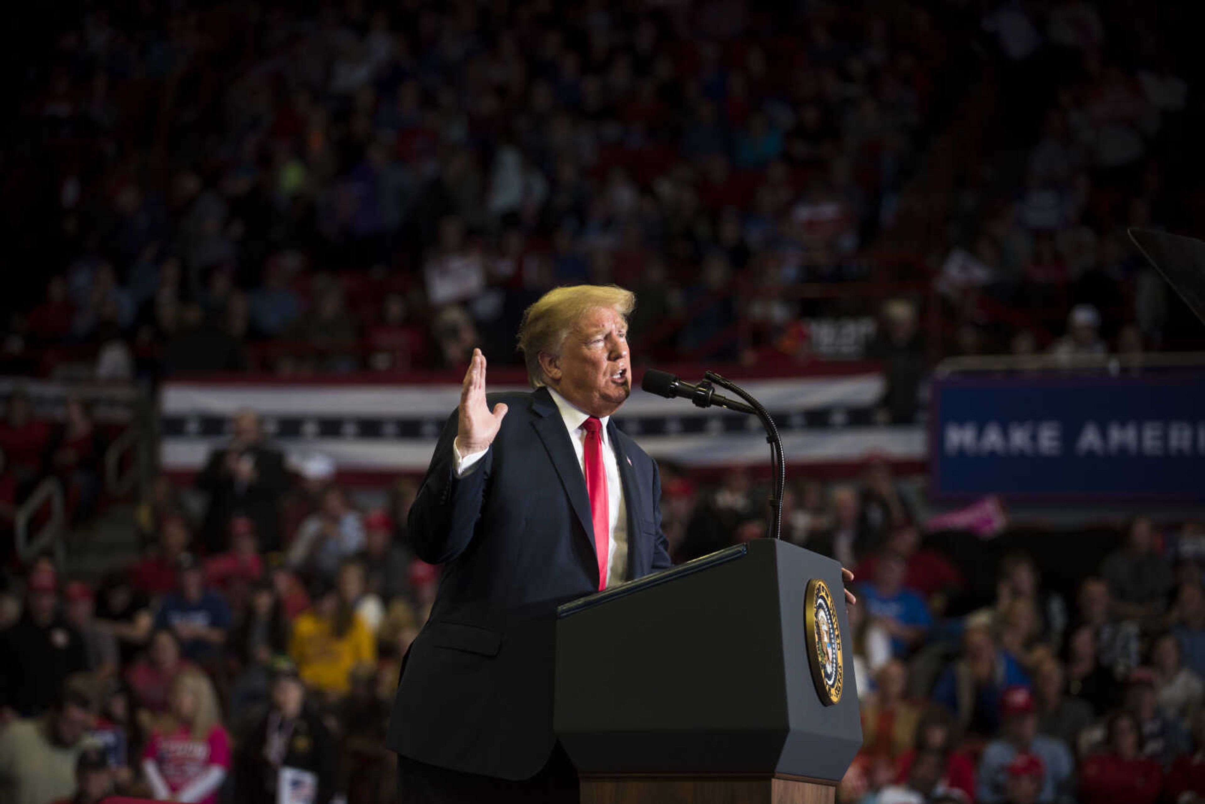 President Donald Trump speaks during a Make America Great Again rally Monday, Nov. 5, 2018, at the Show Me Center in Cape Girardeau.