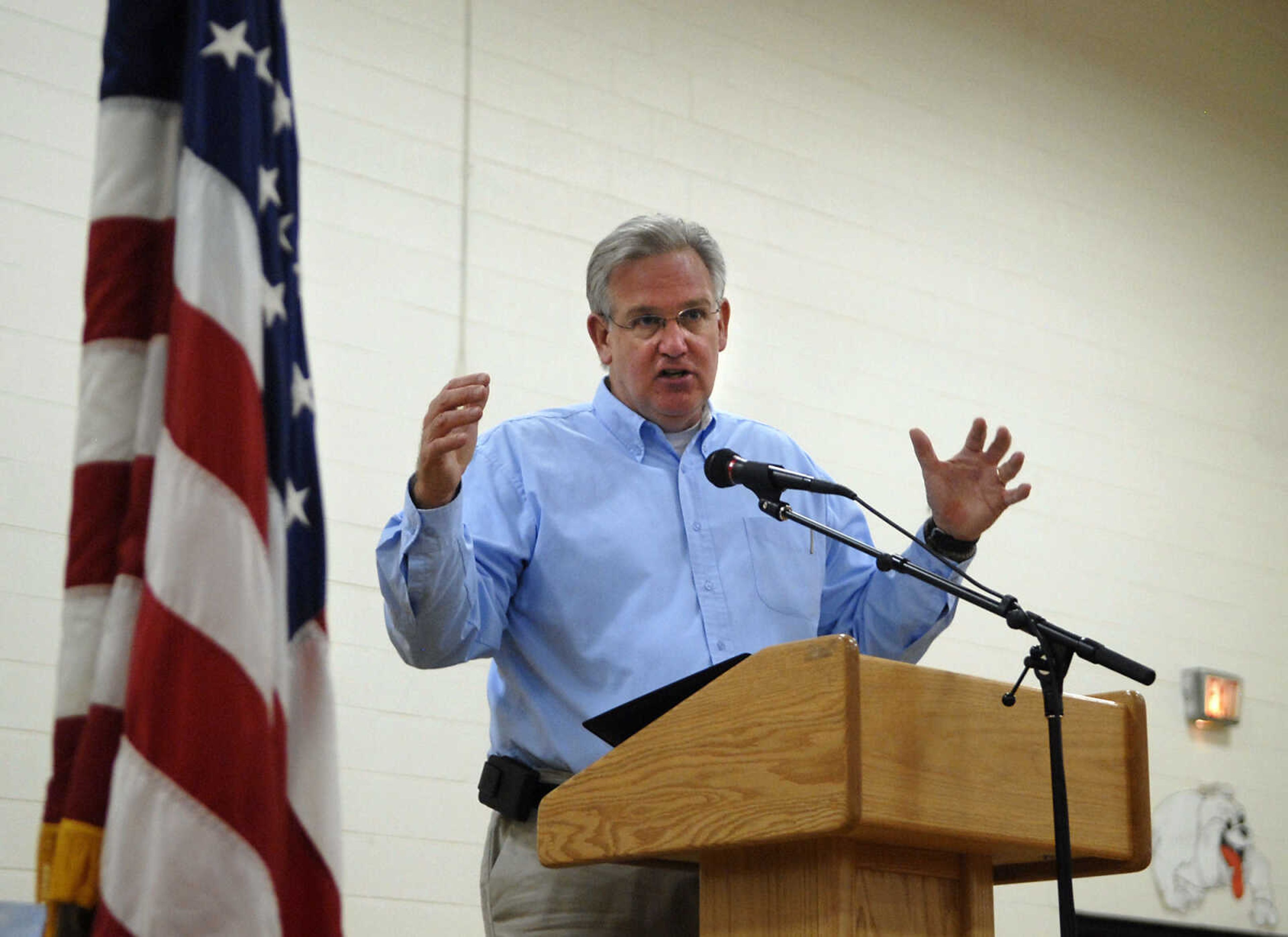 KRISTIN EBERTS ~ keberts@semissourian.com

Gov. Jay Nixon addresses the crowd during a Community Response Meeting in Sikeston Mo., on Tuesday, May 10, 2011. The meeting aimed to assist flood victims by connecting them with state programs and agencies that can help them recover.