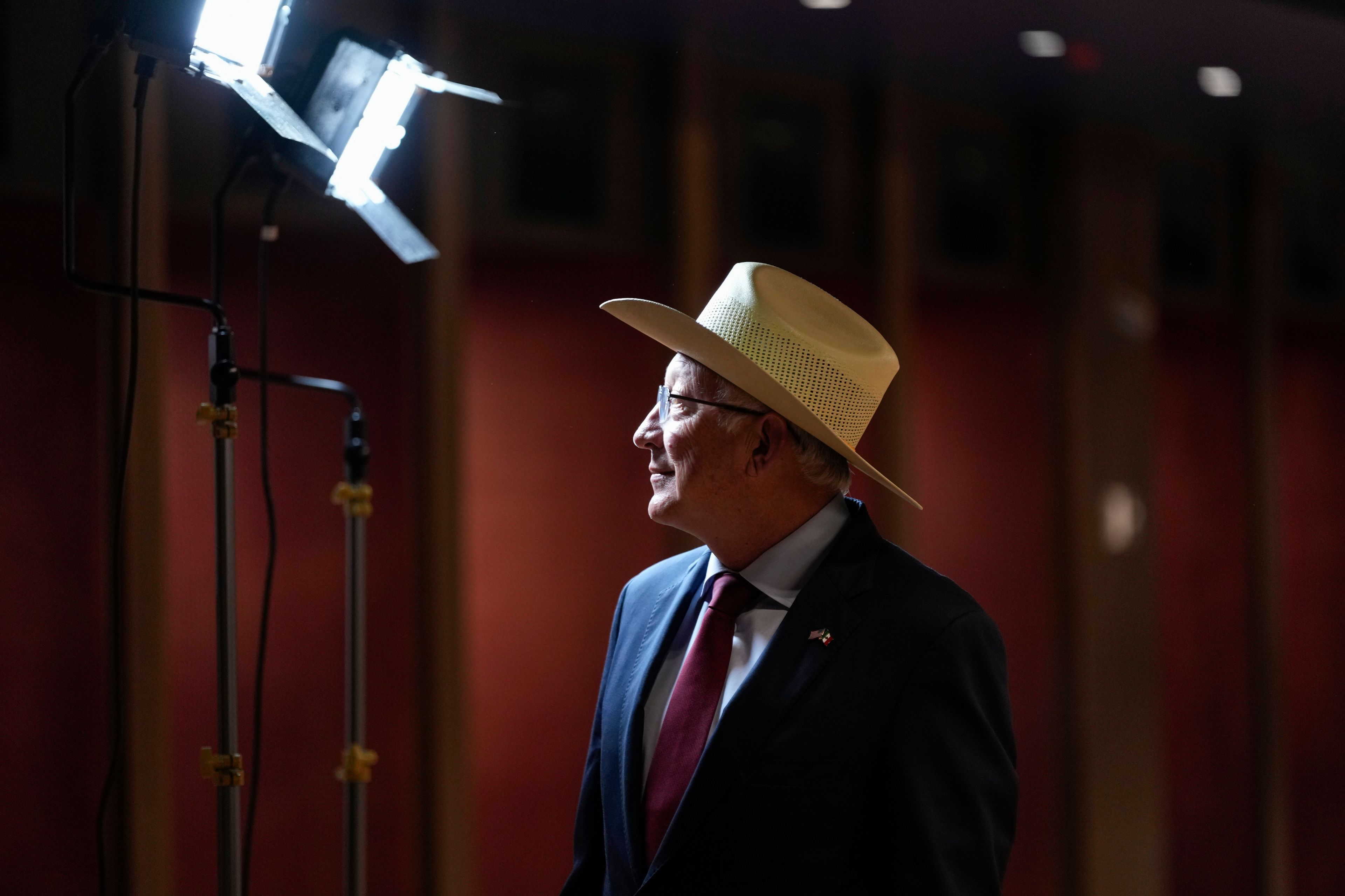 U.S. Ambassador to Mexico Ken Salazar arrives to a press conference at the new embassy still under construction, in Mexico City, Tuesday, Oct. 29, 2024. (AP Photo/Moises Castillo)