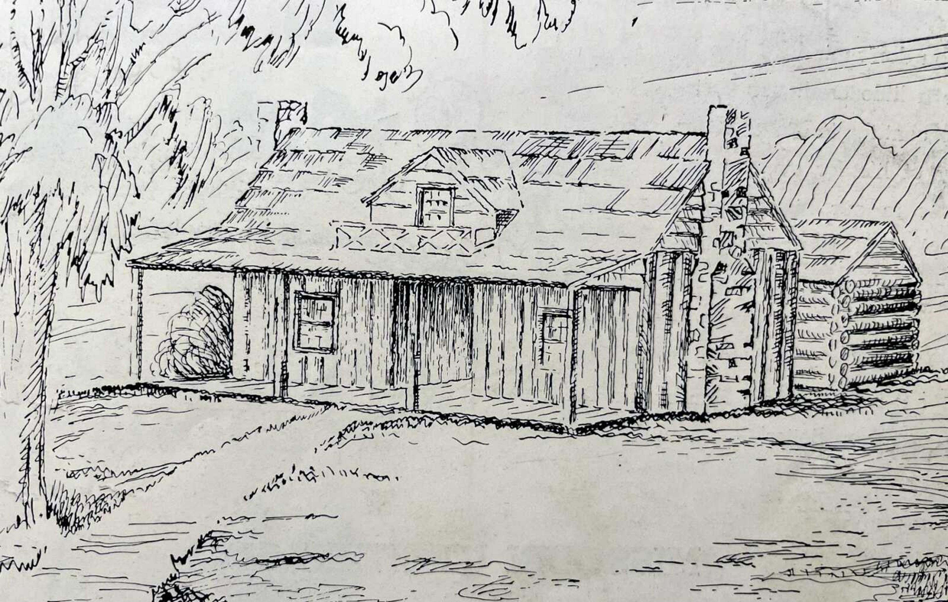 This drawing of the Red House, Lorimier's home on the banks of the Mississippi River, was published in the Cape Girardeau Sesquicentennial booklet in 1956. The artist is unknown. The log home was probably located at the site of the parking lot of Old St. Vincent's Catholic Church.