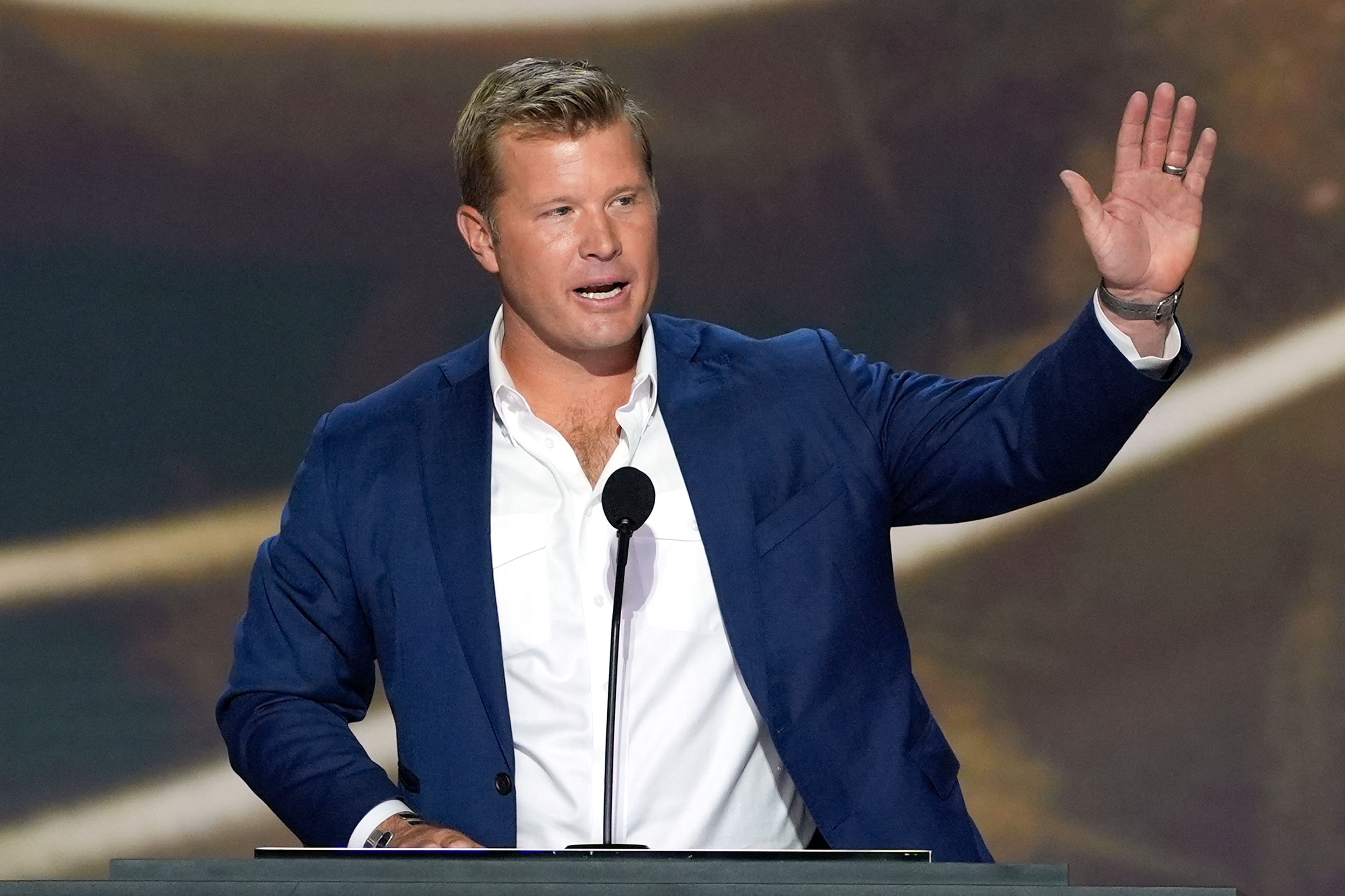 FILE - Tim Sheehy, Republican senatorial candidate for Montana, speaks during the Republican National Convention, July 16, 2024, in Milwaukee. (AP Photo/J. Scott Applewhite, File)