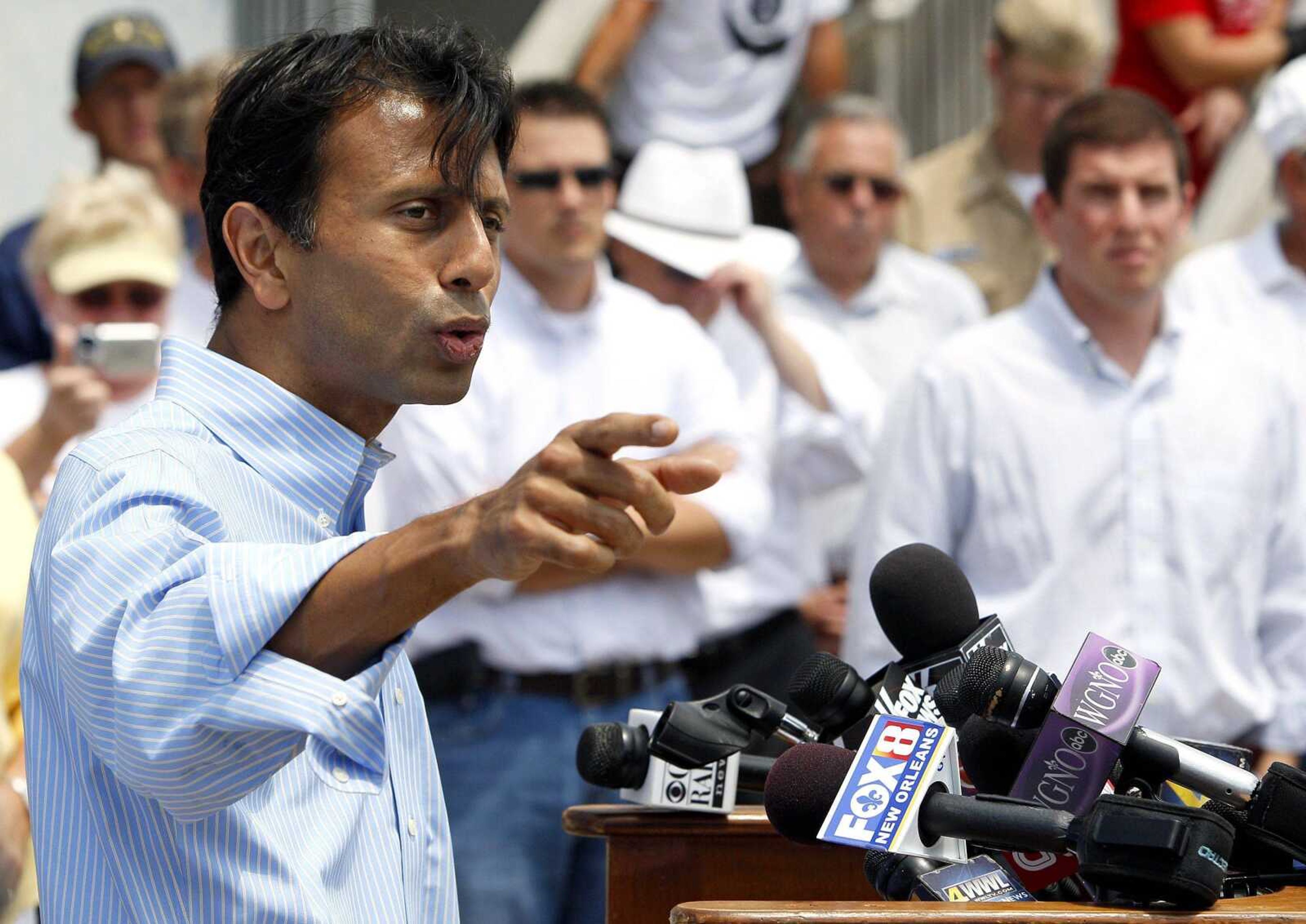 Louisiana Gov. Bobby Jindal speaks Wednesday at a news conference on the first anniversary of the Deepwater Horizon oil spill in Grand Isle, La. (Patrick Semansky ~ Associated Press)