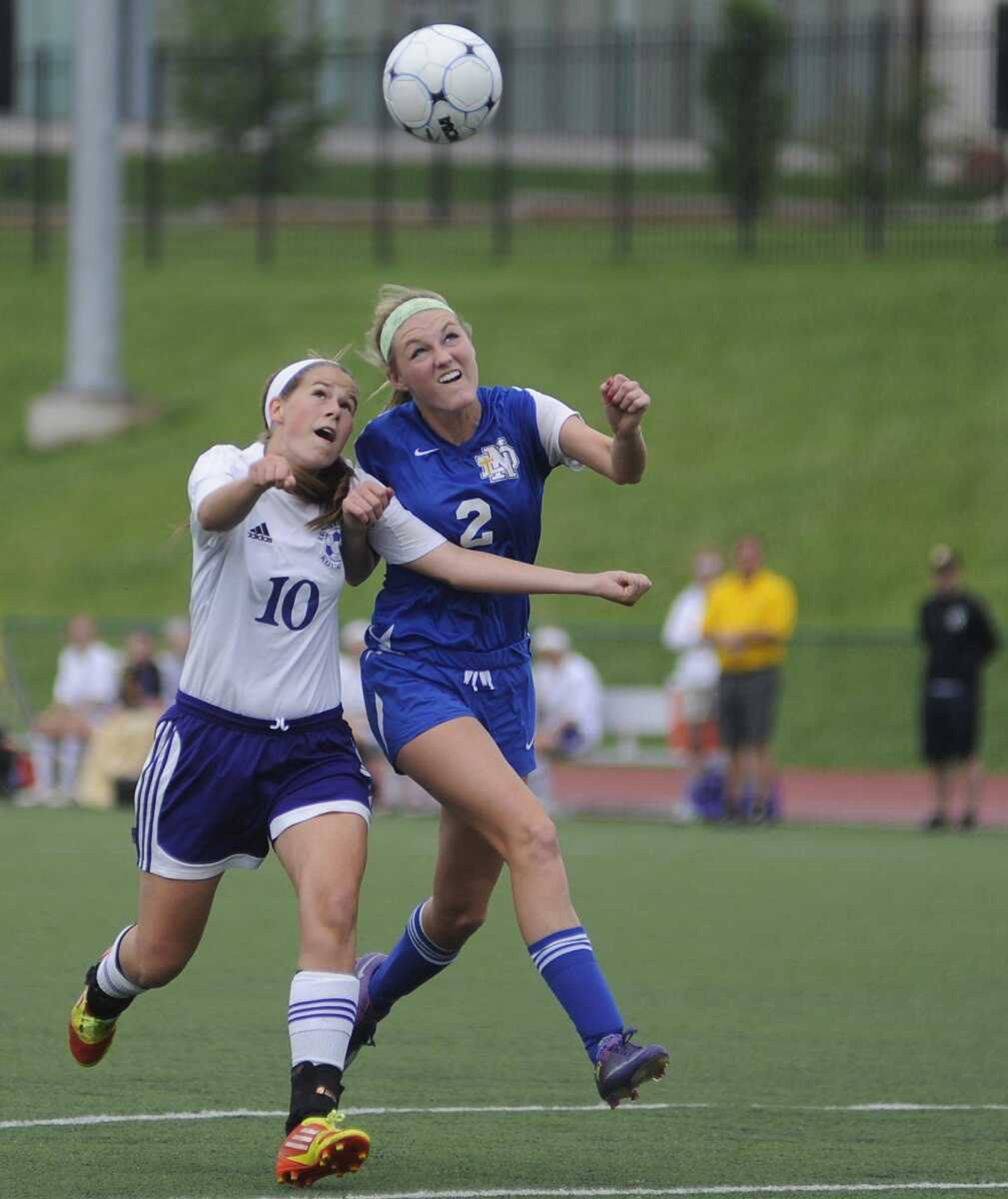 ADAM VOGLER avogler@semissourian.com (Notre Dame&#8217;s Taylor Rinda, right, tries to get past Rosati-Kain&#8217;s Brooke Greiner during the Class 2 girls soccer quarterfinal Saturday at St. Louis University High School in St. Louis. Rosati-Kain won 2-0.)