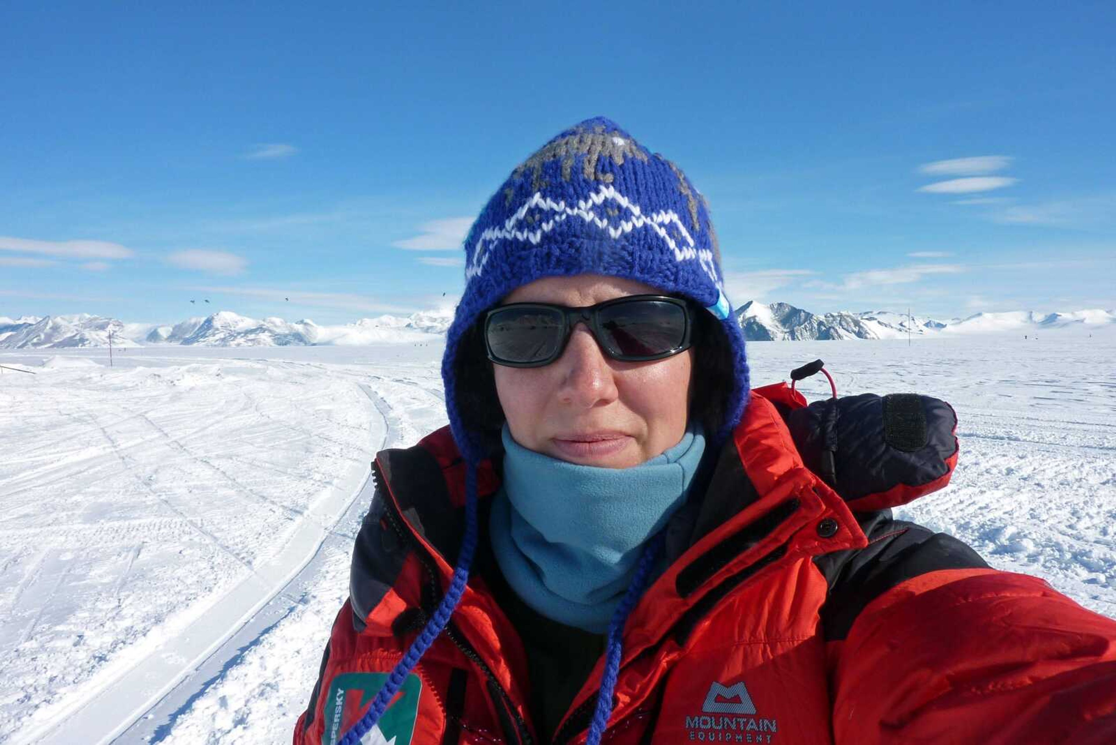 Felicity Aston takes a picture of herself Nov. 19 at Union Glacier days before she traveled to her starting point on the Ross Ice Shelf for a solo trek across Antarctica. For more than three weeks, since Nov. 25, Aston has been skiing toward the South Pole pulling two sledges packed with supplies. (Kaspersky ONE Trans-antarctic Expedition/Kaspersky Lab)