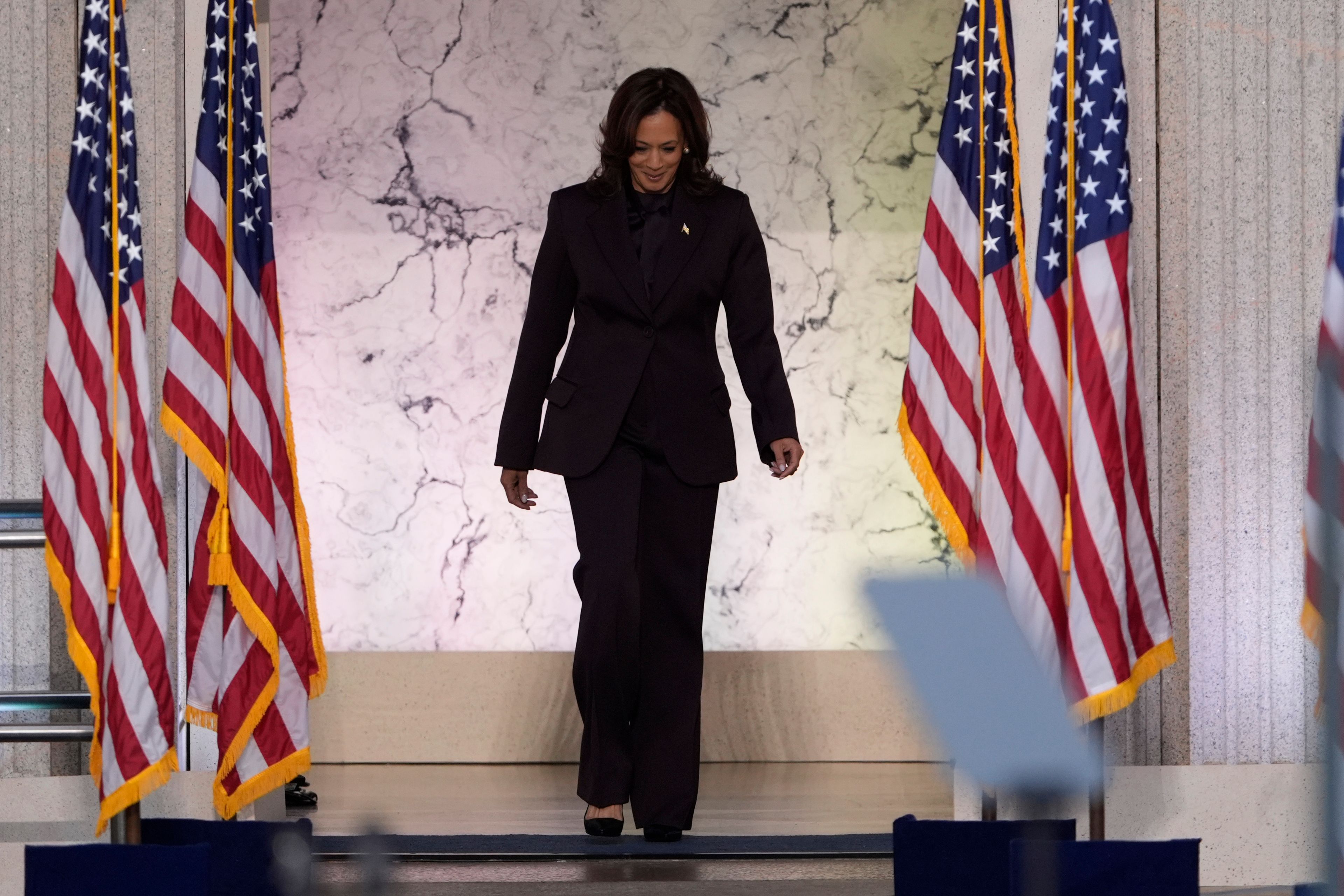 Vice President Kamala Harris arrives to deliver a concession speech for the 2024 presidential election on the campus of Howard University in Washington, Wednesday, Nov. 6, 2024. (AP Photo/J. Scott Applewhite)