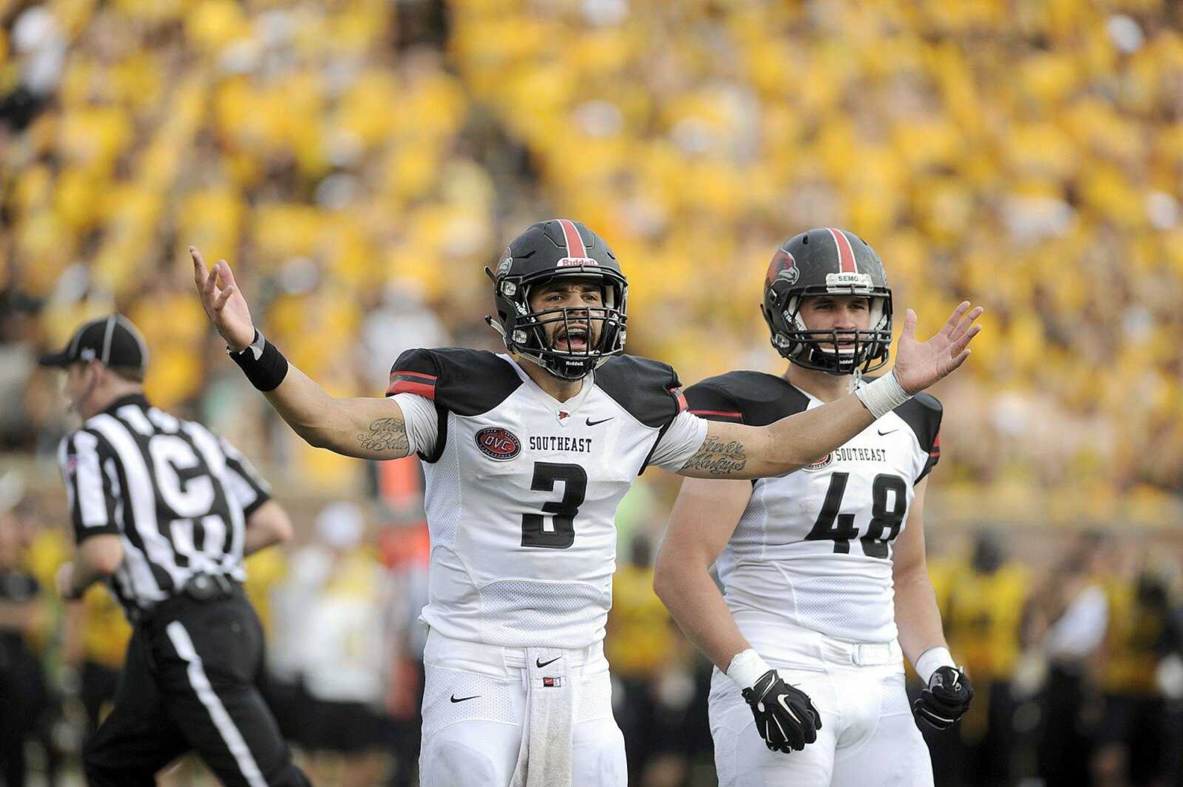 Southeast Missouri State's Tay Bender reacts to a call in the second quarter against Mizzou, Saturday, Sept. 5, 2015, at Faurot Field in Columbia, Missouri. Mizzou defeated Southeast 34-3. (Laura Simon)