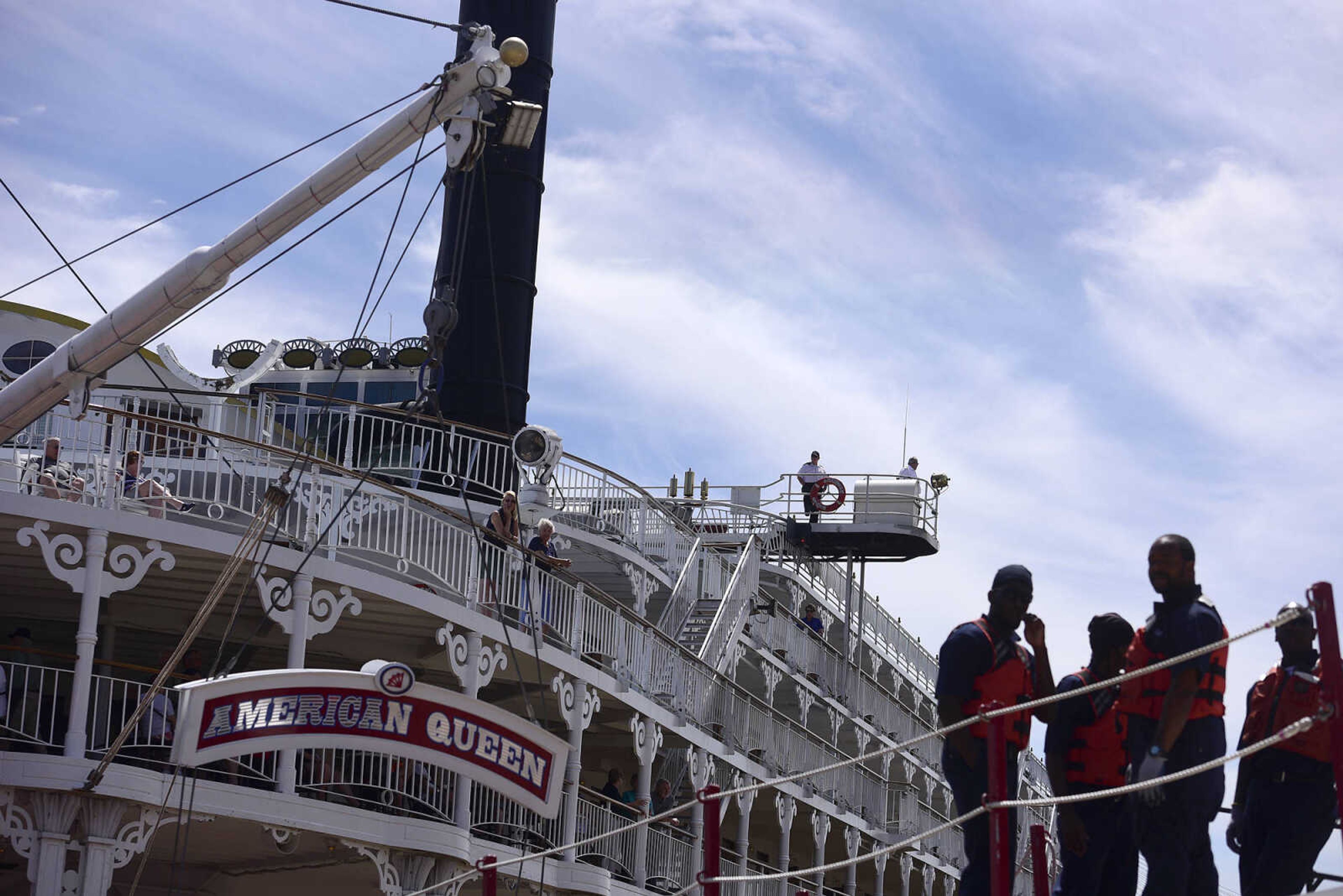 Crew members prepare the American Queen for departure from Riverfront Park on Wednesday, Aug. 23, 2017, in downtown Cape Girardeau.