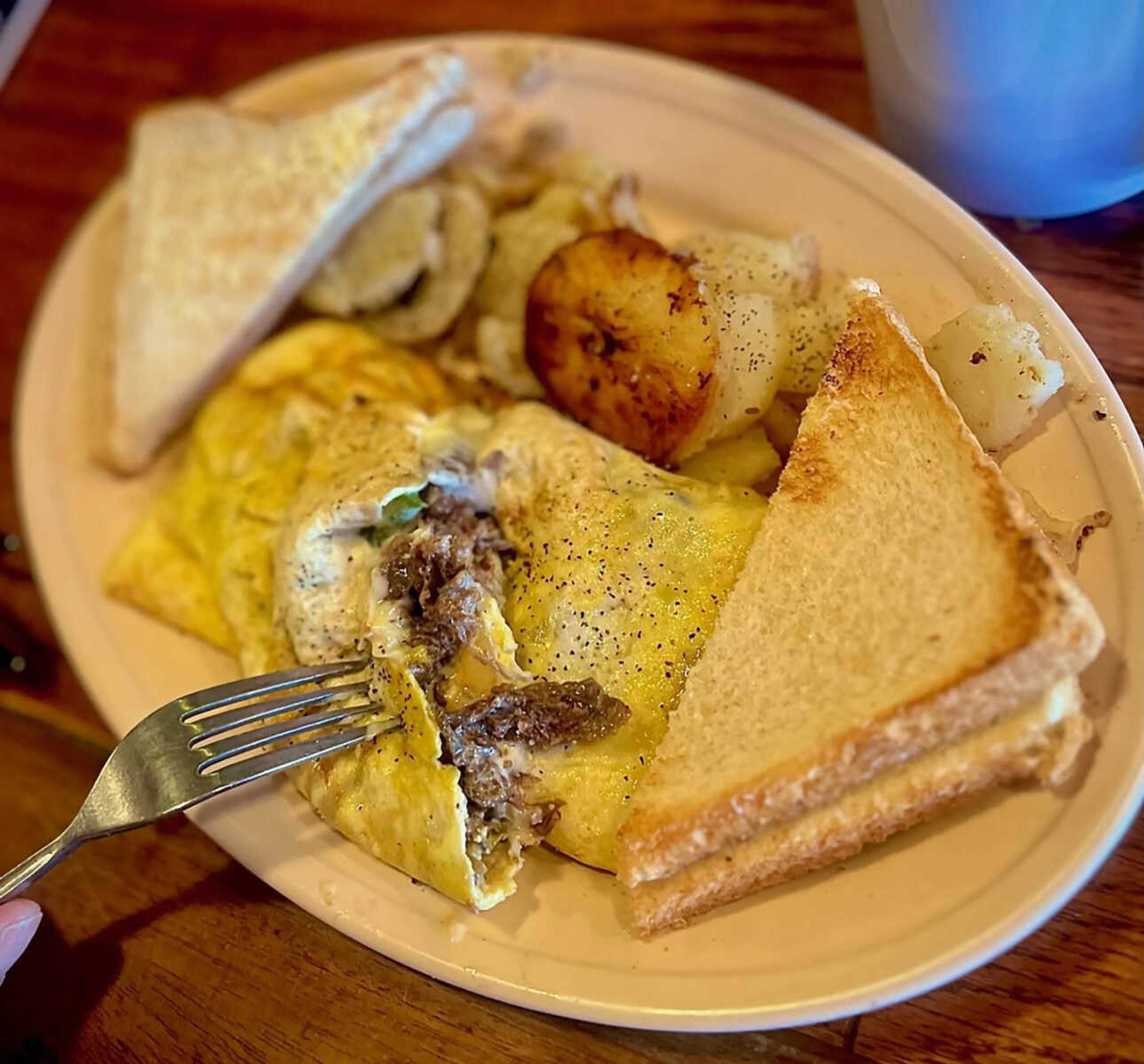 Whether you're nursing a hangover or enjoying a wholesome brunch, Doc's Philly Cheese Steak Omelet with a side of fried potatoes is the perfect option. 