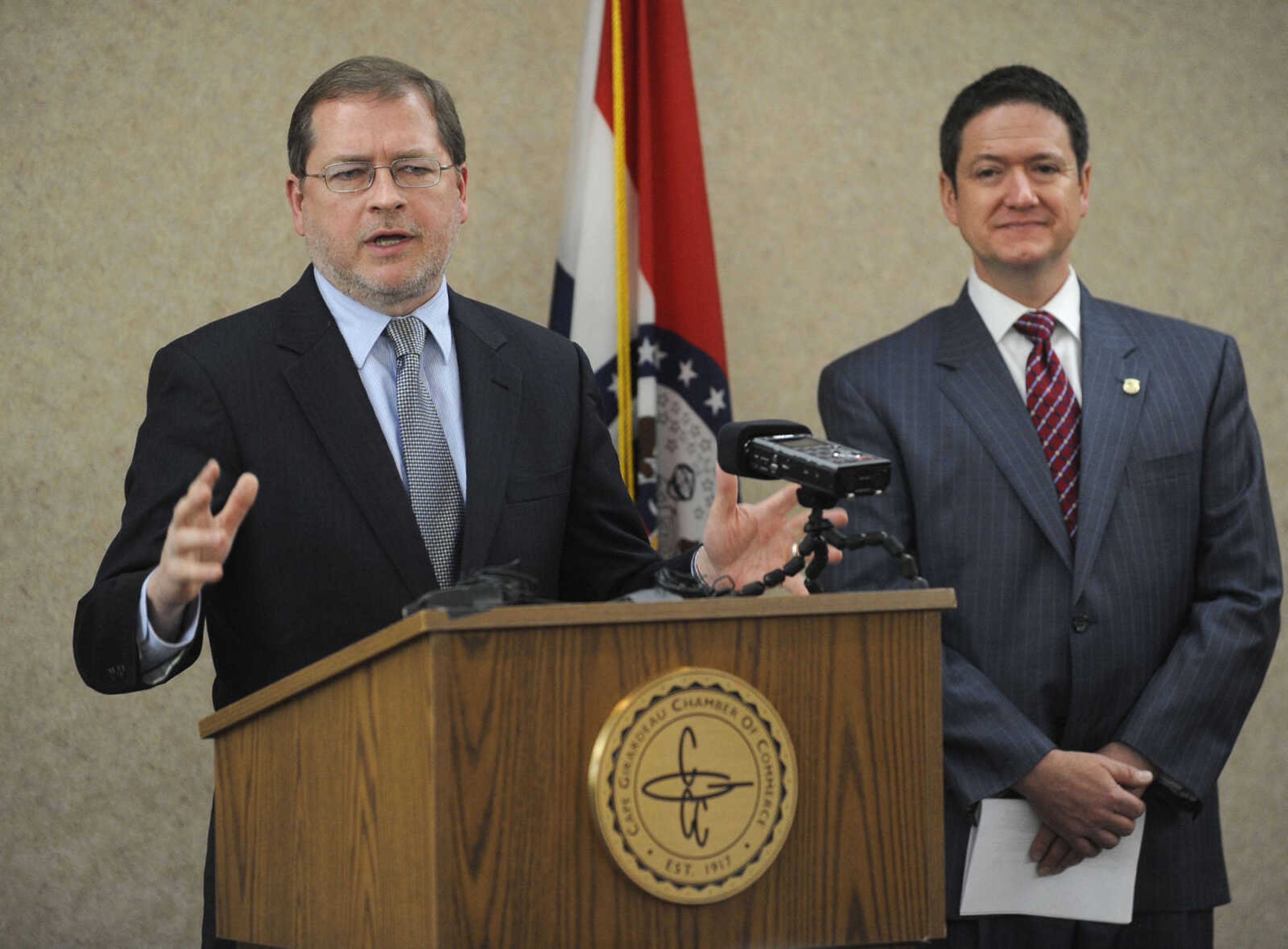 Grover Norquist, president of Americans for Tax Reform, speaks Monday, April 28, 2014 at a news conference with Missouri House Speaker Tim Jones at the Cape Girardeau Area Chamber of Commerce. (Fred Lynch)