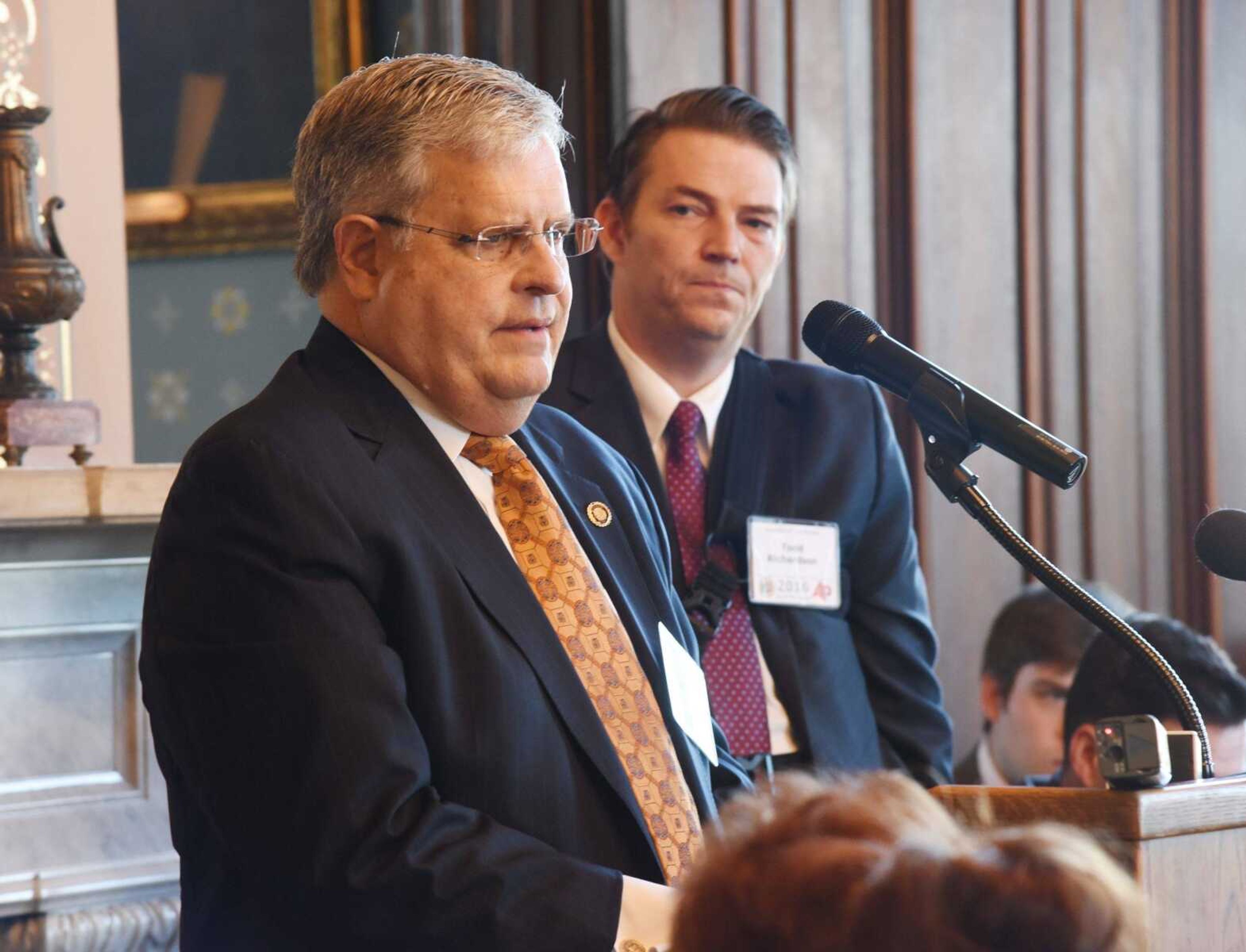 Missouri Senate President Pro Tem Ron Richard speaks at an annual press association event Feb. 4 at the Governor's Mansion in Jefferson City as House Speaker Todd Richardson looks on.