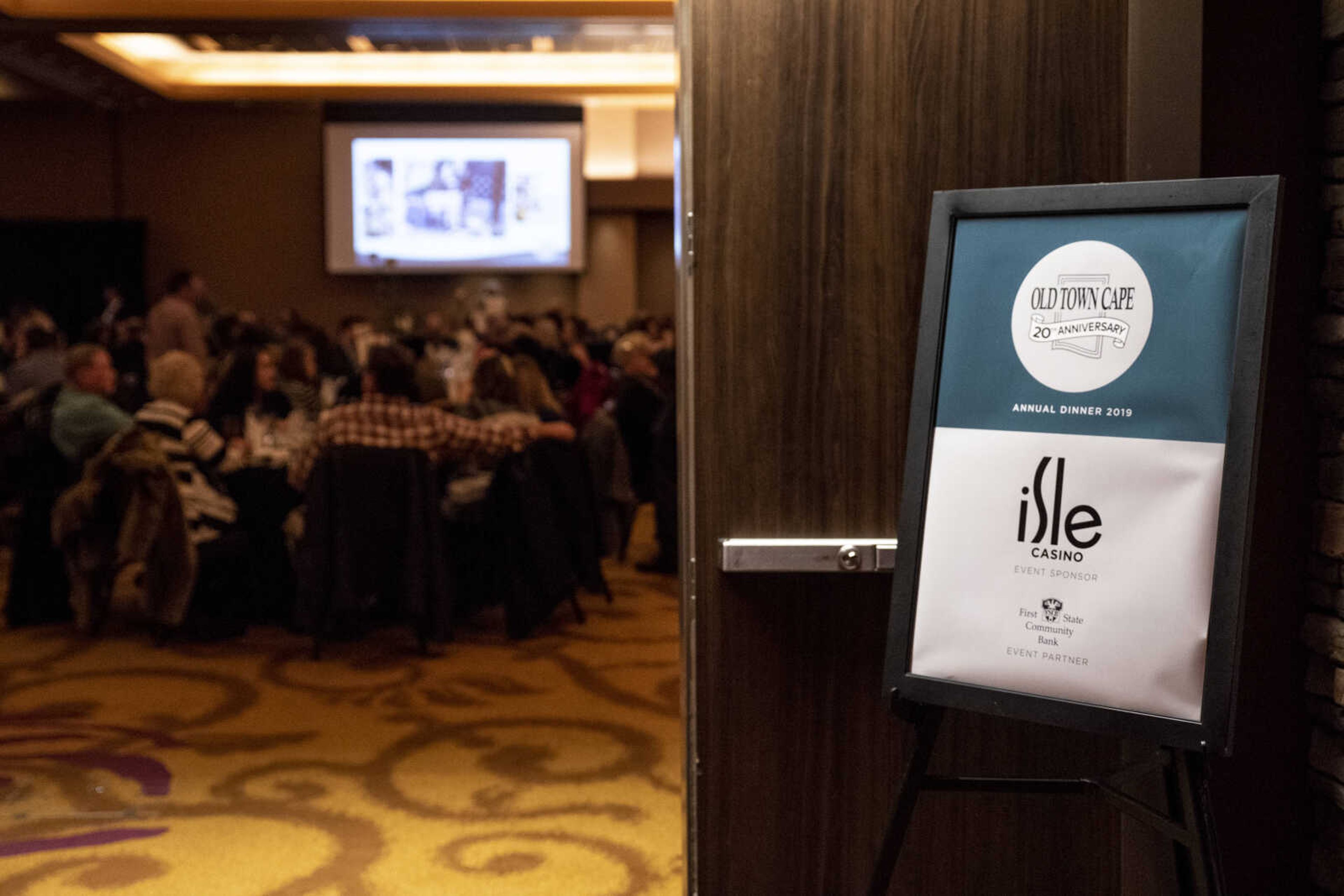 A sign labeling the Old Town Cape 20th anniversary dinner celebration at the Isle Casino is seen Thursday, Feb. 28, 2019, in Cape Girardeau.