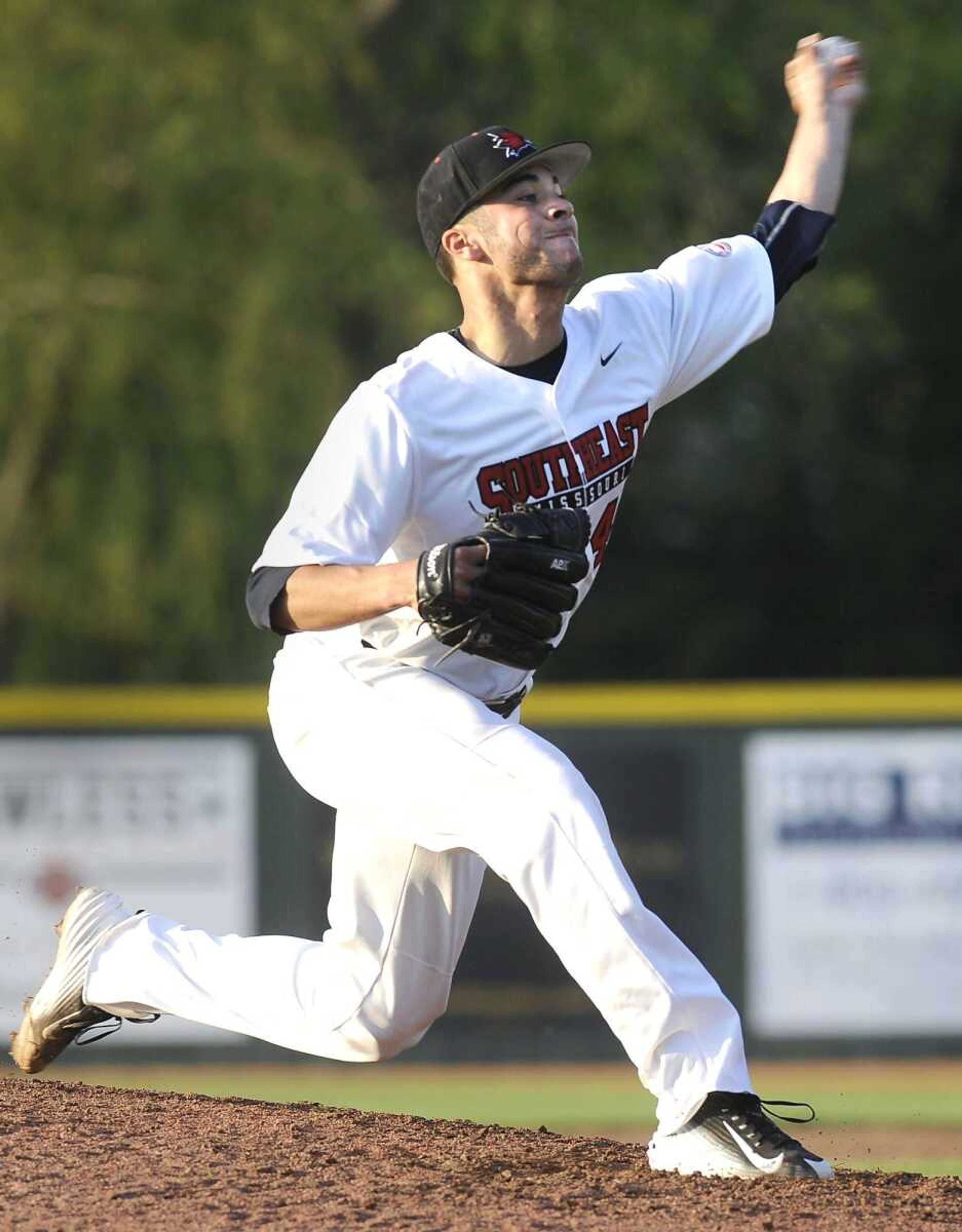 Southeast Missouri State starter Joey Lucchesi delivers a pitch to a Jacksonville State batter during the sixth inning Friday, April 17, 2015 at Capaha Field. (Fred Lynch)