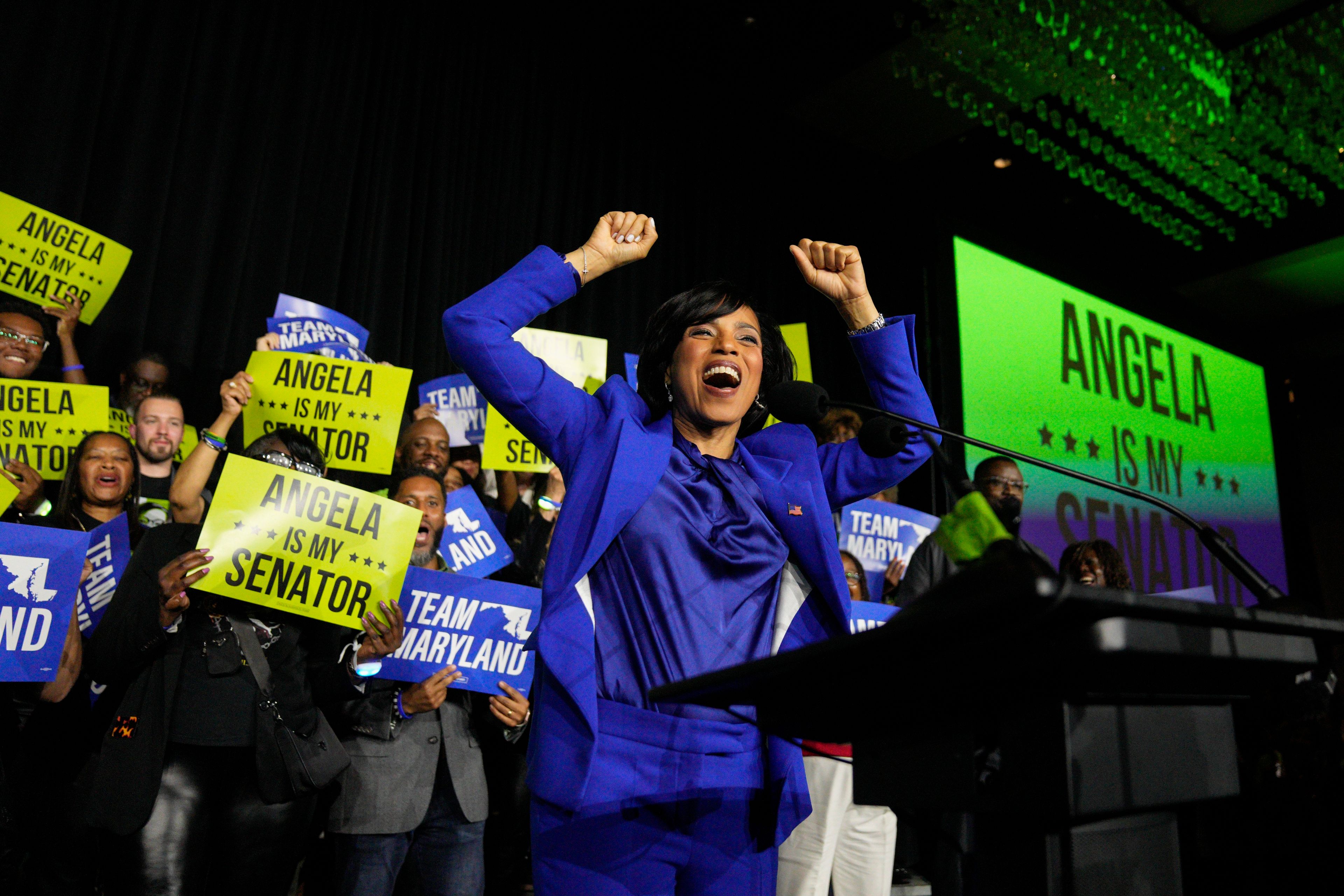 Democratic Maryland Senate candidate Angela Alsobrooks cheers during an election night watch party Tuesday, Nov. 5, 2024, in College Park, Md. (AP Photo/Jess Rapfogel)