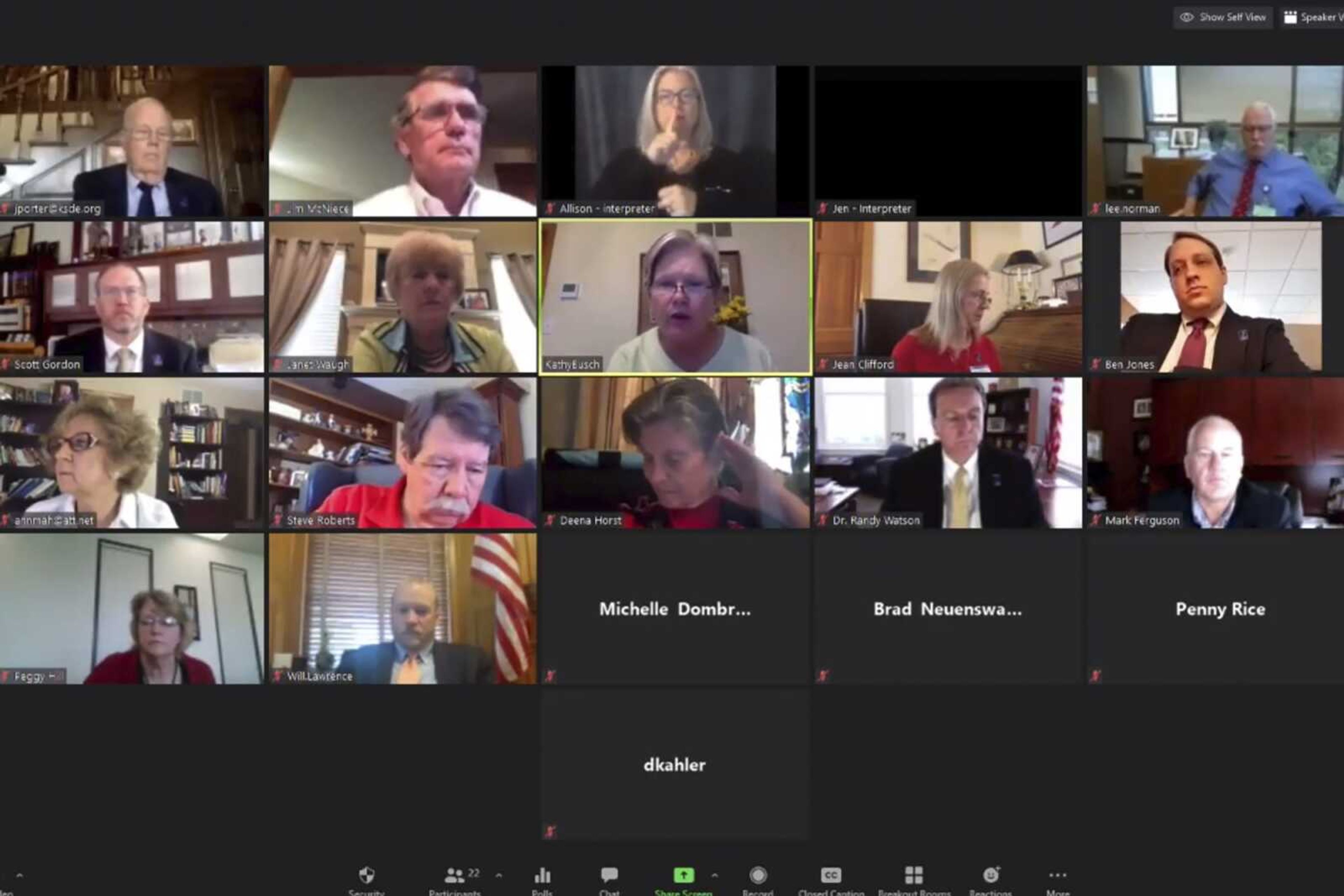 An Associated Press computer screen capture shows the Kansas State Board of Education meeting by Zoom with staff members and other state officials watching July 22 in Topeka, Kansas. As students across the country went back to school, Monday, the video-conferencing program had several glitches.