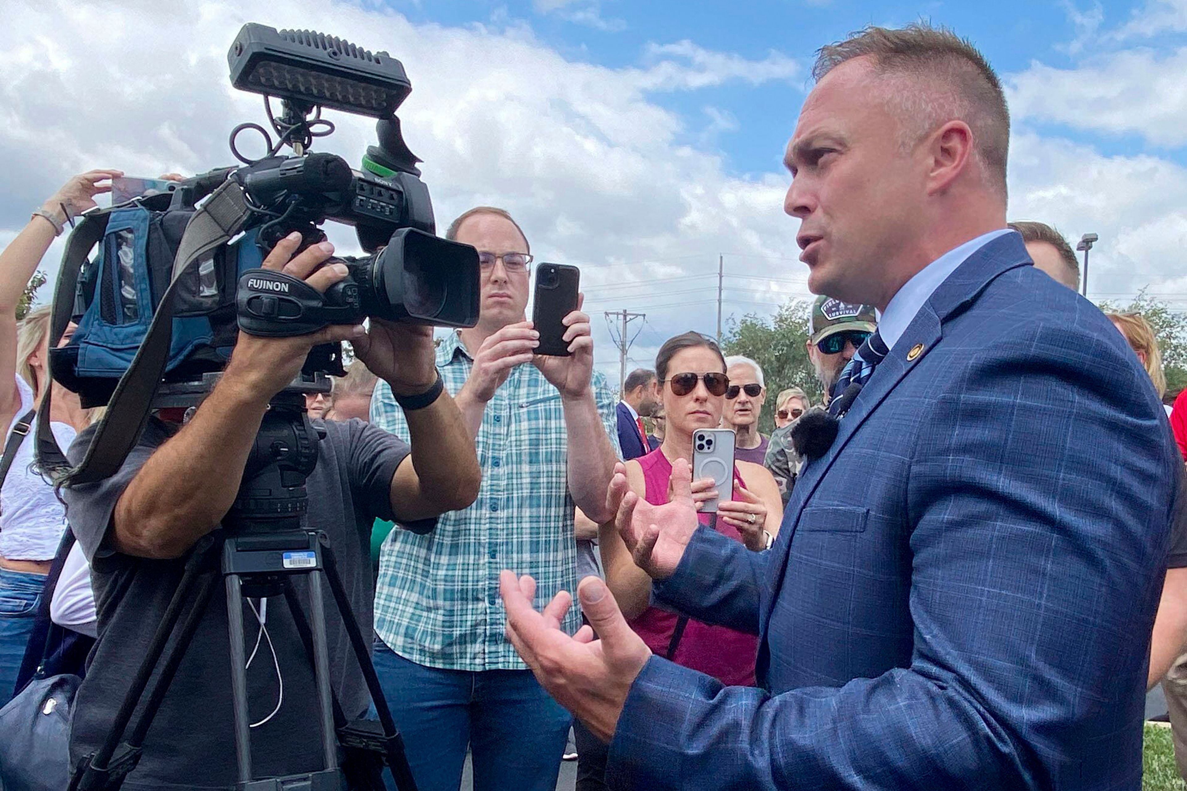 State Rep. Justin Sparks, R-Wildwood, fields questions from reporters Aug. 2 during a news conference to address a transgender woman using the women's locker room at the Life Time fitness center in Ellisville.