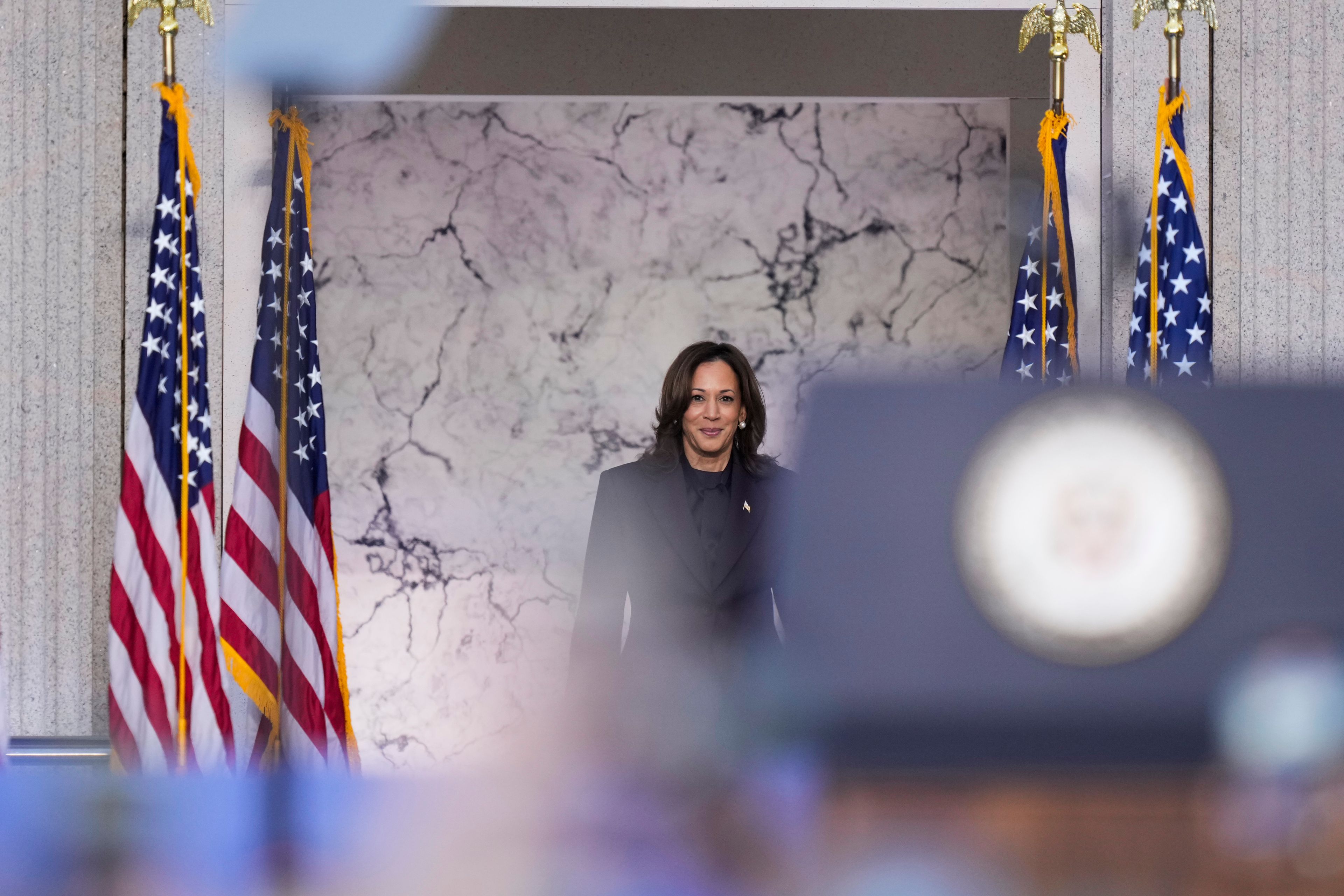 Vice President Kamala Harris arrives to deliver a concession speech for the 2024 presidential election on the campus of Howard University in Washington, Wednesday, Nov. 6, 2024. (AP Photo/Ben Curtis)