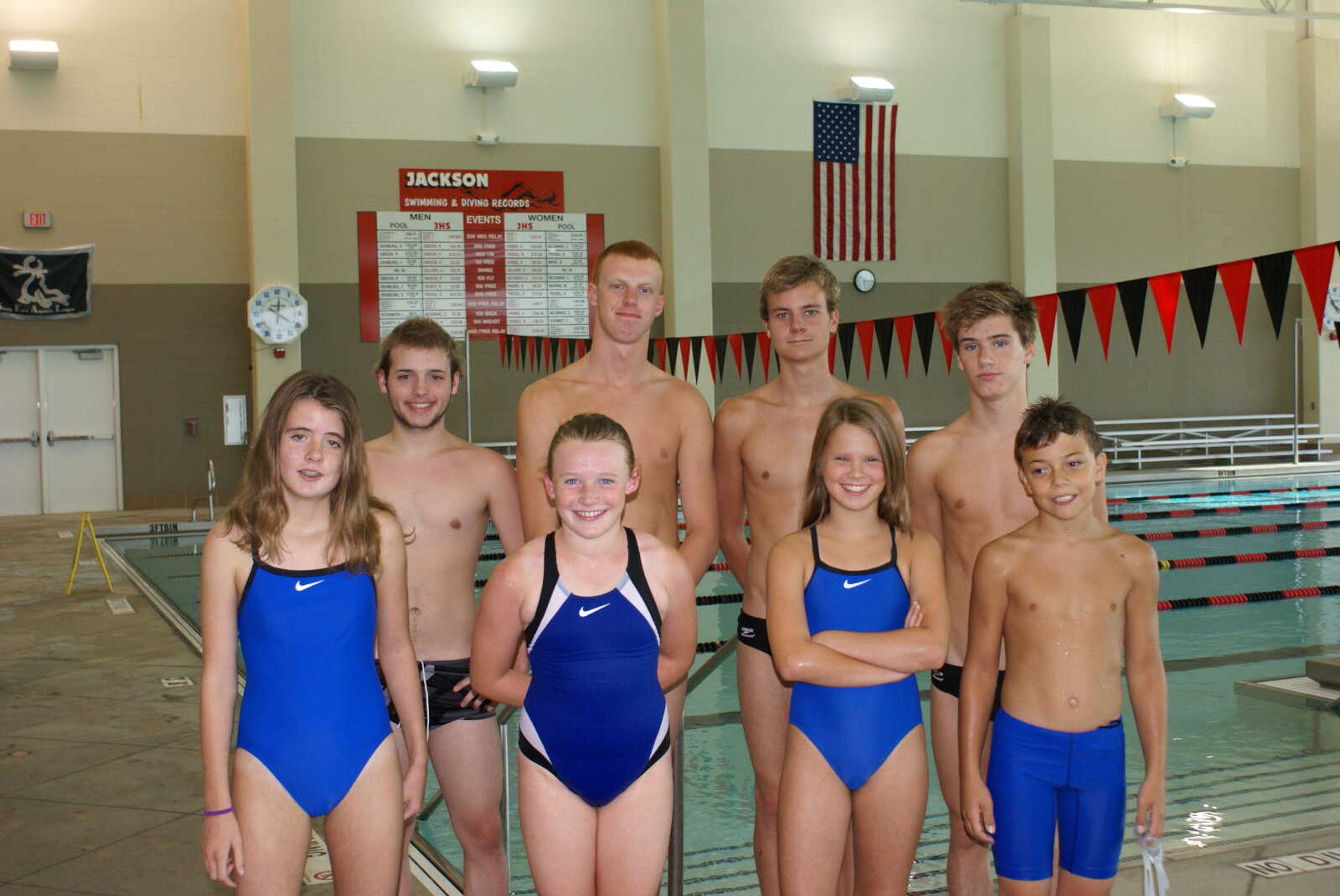 Pictured are the swimmers that qualified for the championships.  From left to right, top to bottom is Dustin Parsons (16), Jordan Gramling (16), Coleman Schott (17), Connor McGinnis (16), Katie Richmond (11), Kaileigh Dirden (9), Madison Heisserer (12) and Adam Hecht (10).  Not pictured is Matt Gibson (14).