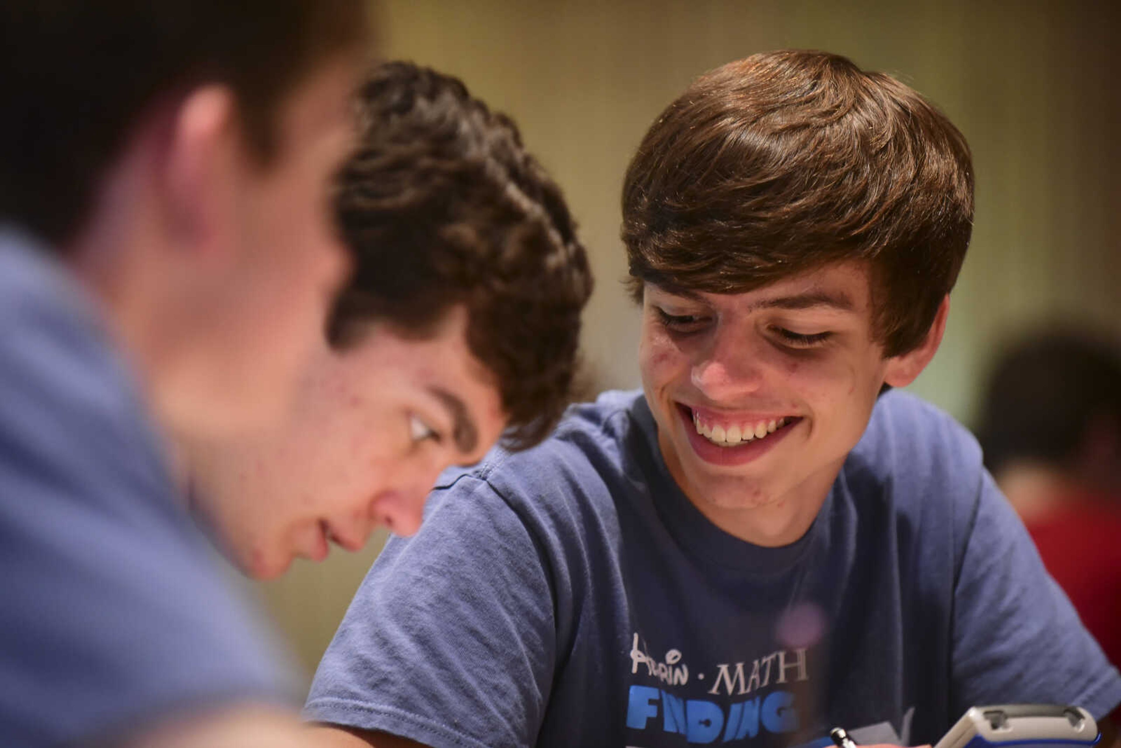 From left, DJ Dunfee, Nate Gusewelle and Noah Gusewelle from Herrin compete in the problem-solving event during the 40th annual Math Field Day Tuesday, April 18, 2017 at the University Center on the campus of Southeast Missouri State University in Cape Girardeau.