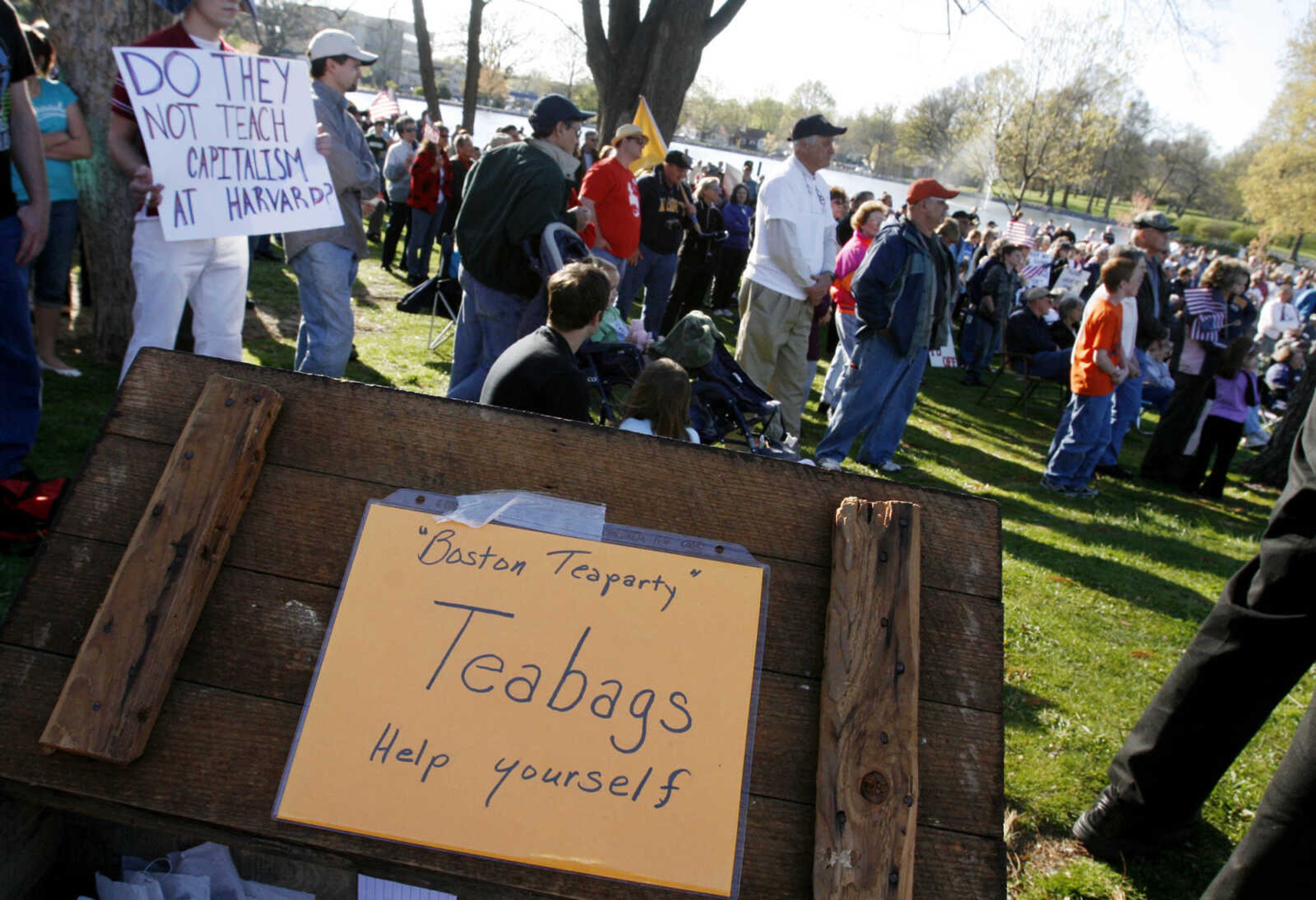 ELIZABETH DODD ~ edodd@semissourian.com
Teabags representing the Boston Tea Party staged by American colonists against British taxes in 1773 were passed out in protest to the overspending of the federal government at a tax protest at Capaha Park.