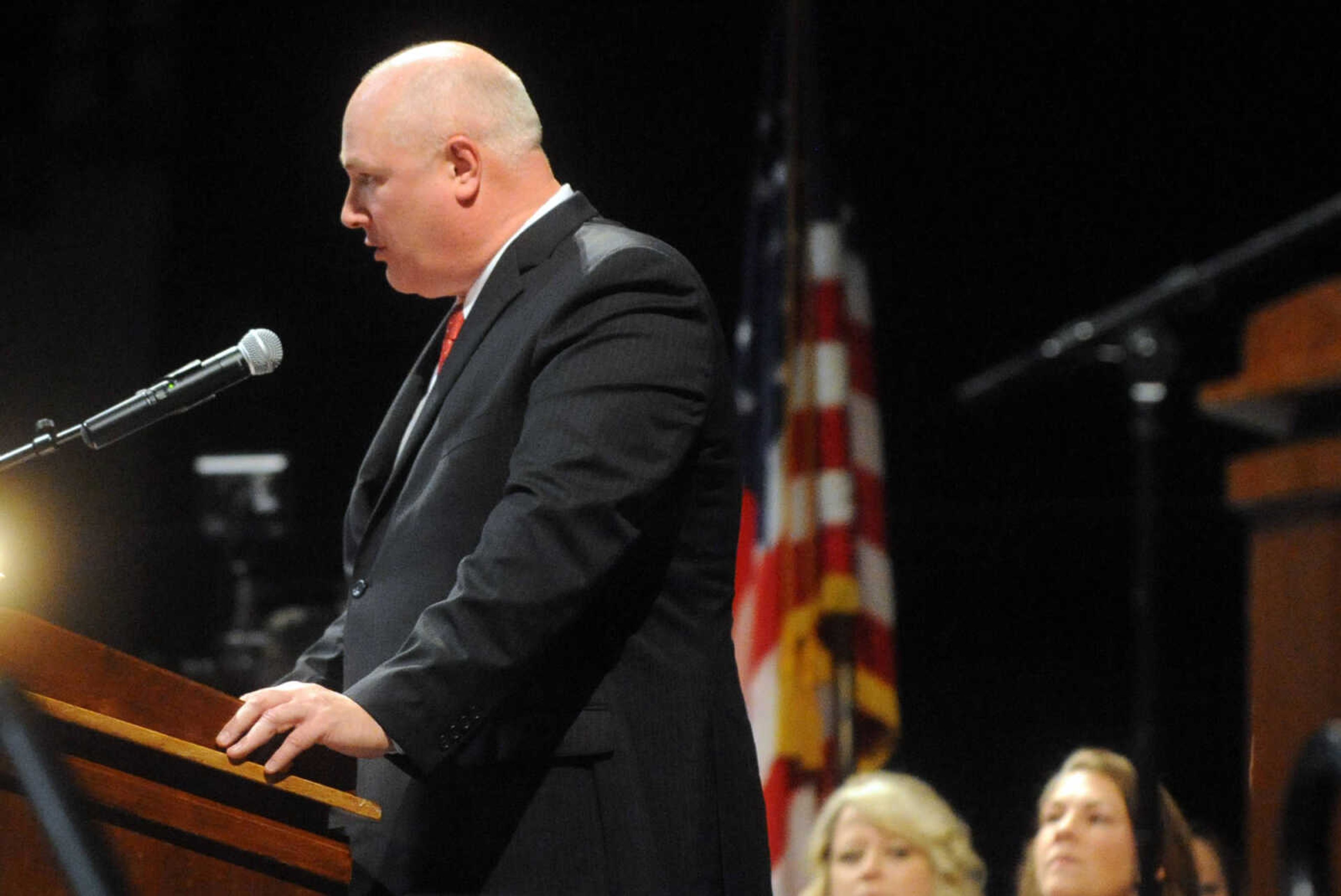 LAURA SIMON ~ lsimon@semissourian.com

Principal Vince Powell speaks during the Jackson Senior High School commencement, Thursday, May 21, 2015, at the Show Me Center.