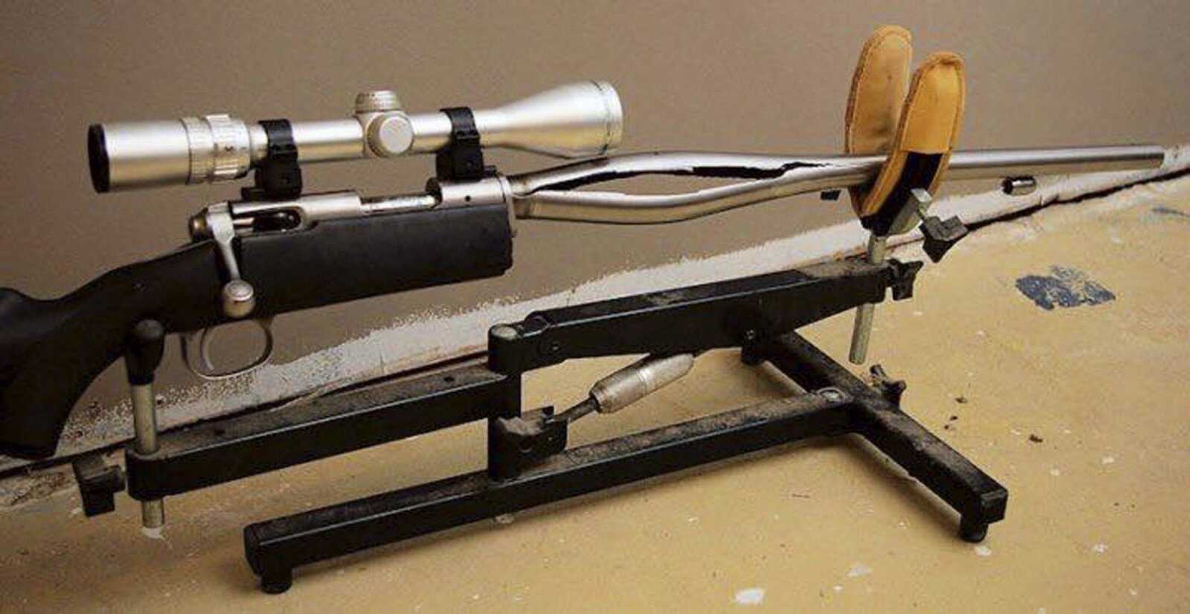 A Savage Arms stainless steel 10ML-II muzzleloader owned by Trent Procter is displayed weeks after its barrel exploded and severely injured his left hand.