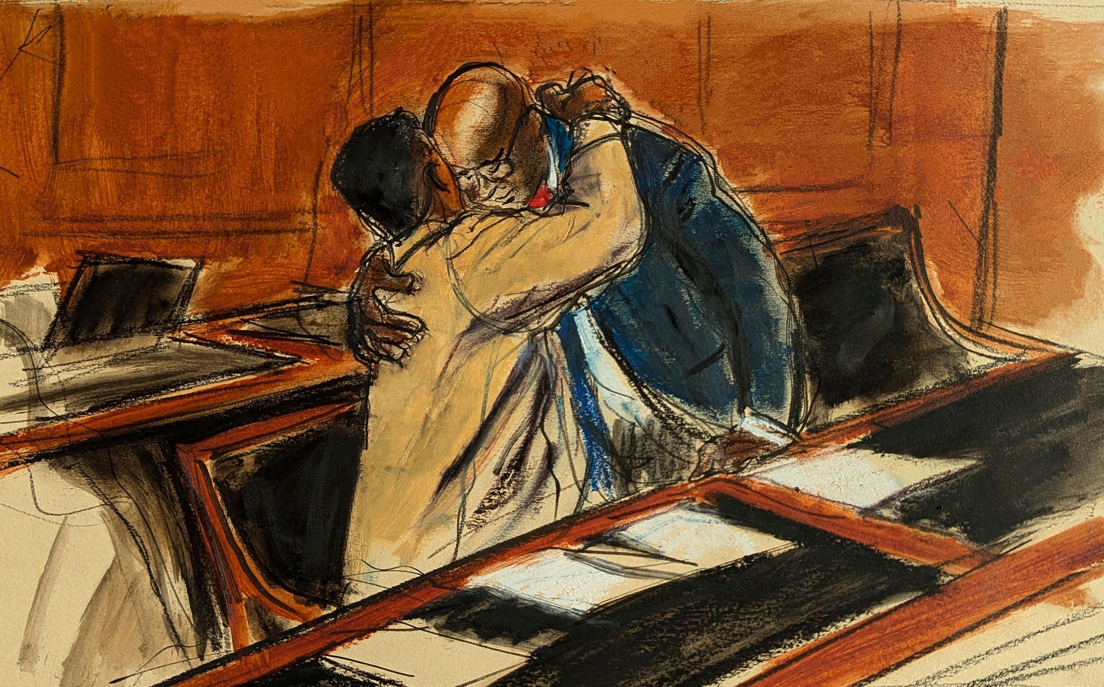 In this courtroom sketch, Sean "Diddy" Combs, left, upon entering the courtroom hugs his attorney Anthony Ricco prior to the hearing in Federal court in New York, Thursday, Oct. 10, 2024. (Elizabeth Williams via AP)