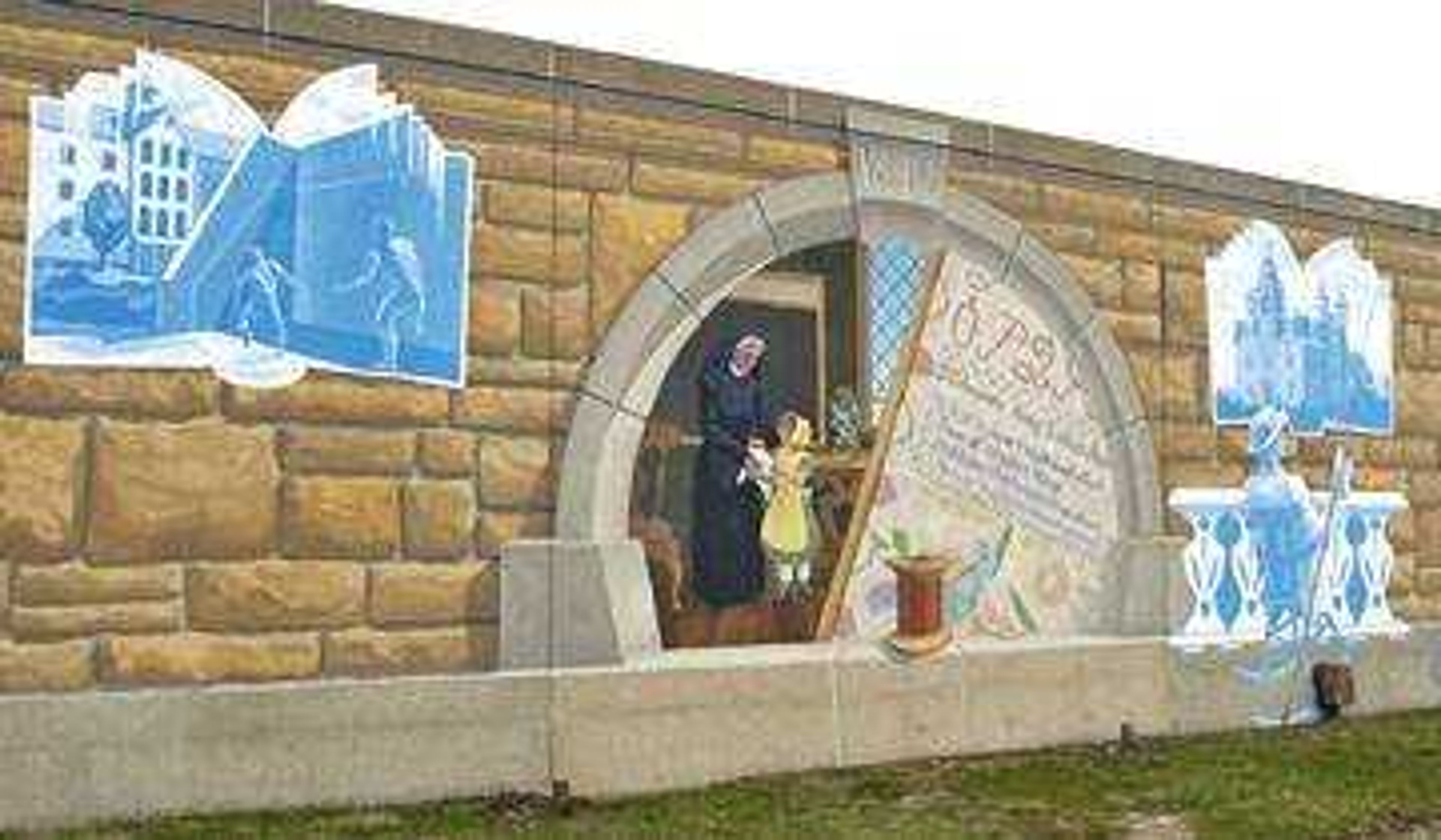 This mural features educational institutions in Cape's history. For the center image, artist Thomas Melvin chose to depict a scene from St. Vincent’s Ladies Academy, founded in 1839 and located near where the St. Vincent church now stands. On the left is St. Vincent’s Seminary, which was located where Southeast Missouri State University’s new River Campus will be built. On the right is Mark Twain and an image of the Normal School. Twain is featured in the mural because he mentioned passing by Cape Girardeau in his book "Life on the Mississippi."