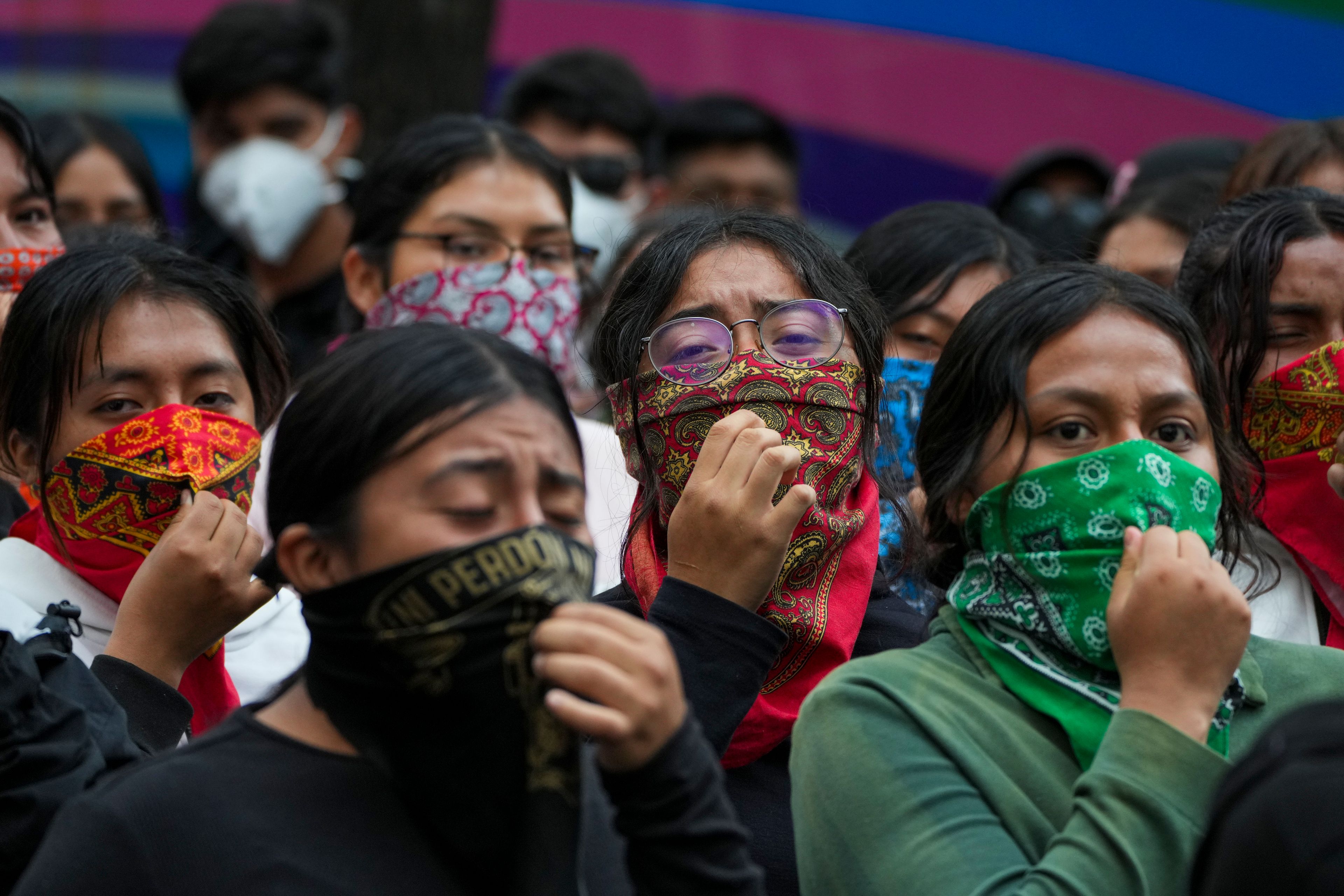 Students demonstrate ahead of the 10th anniversary of the disappearance of 43 Ayotzinapa students in Guerrero state, outside of the Senate in Mexico City, Tuesday, Sept. 24, 2024. (AP Photo/Fernando Llano)