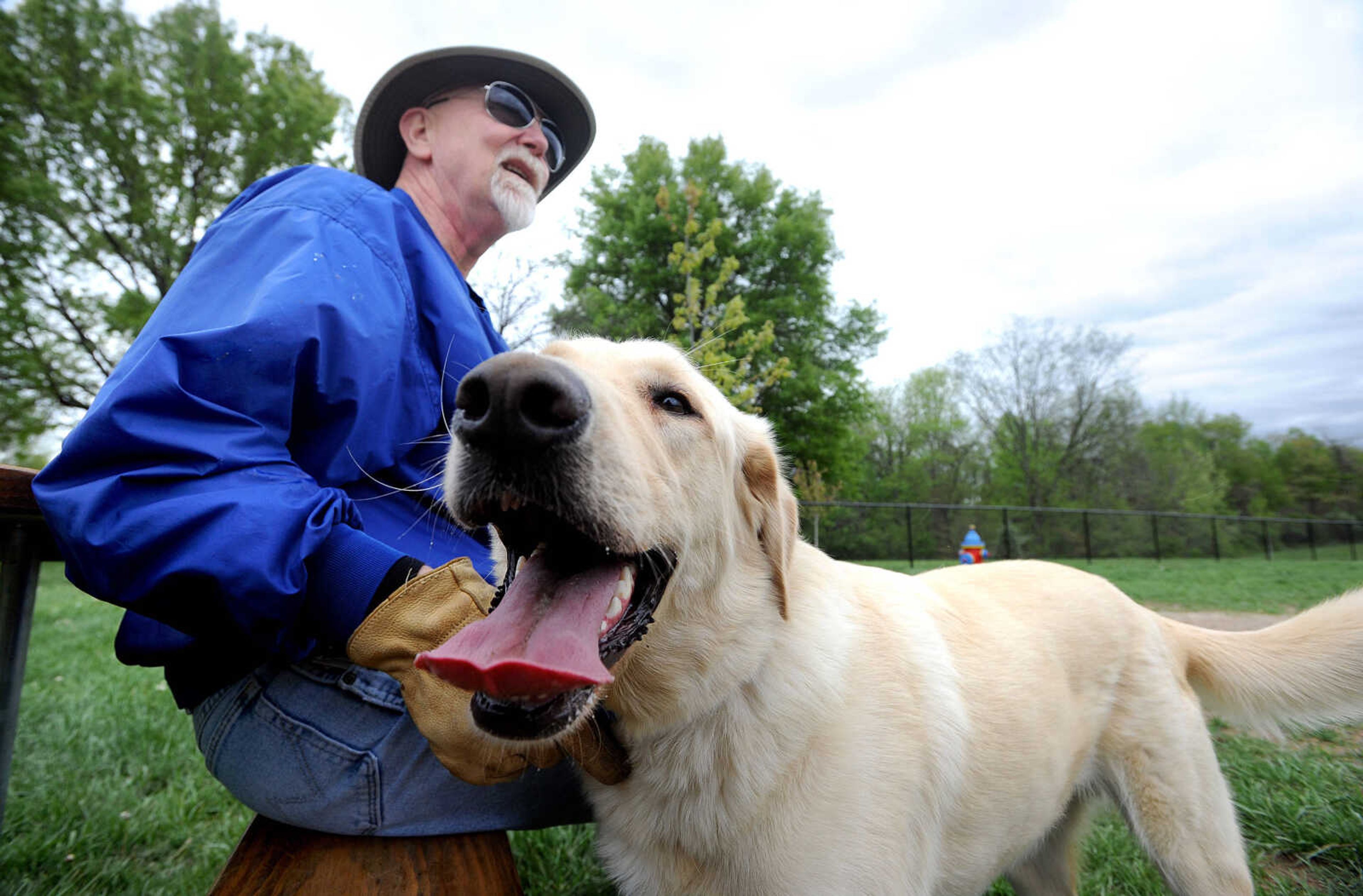 Herb Anderson sits with his 2-year-old yellow labrador retriever, Beemer, at Dogtown dog park in Kiwanis Park. Between Anderson and his wife, Beemer gets to visit the dog park around five times a week. (Laura Simon)