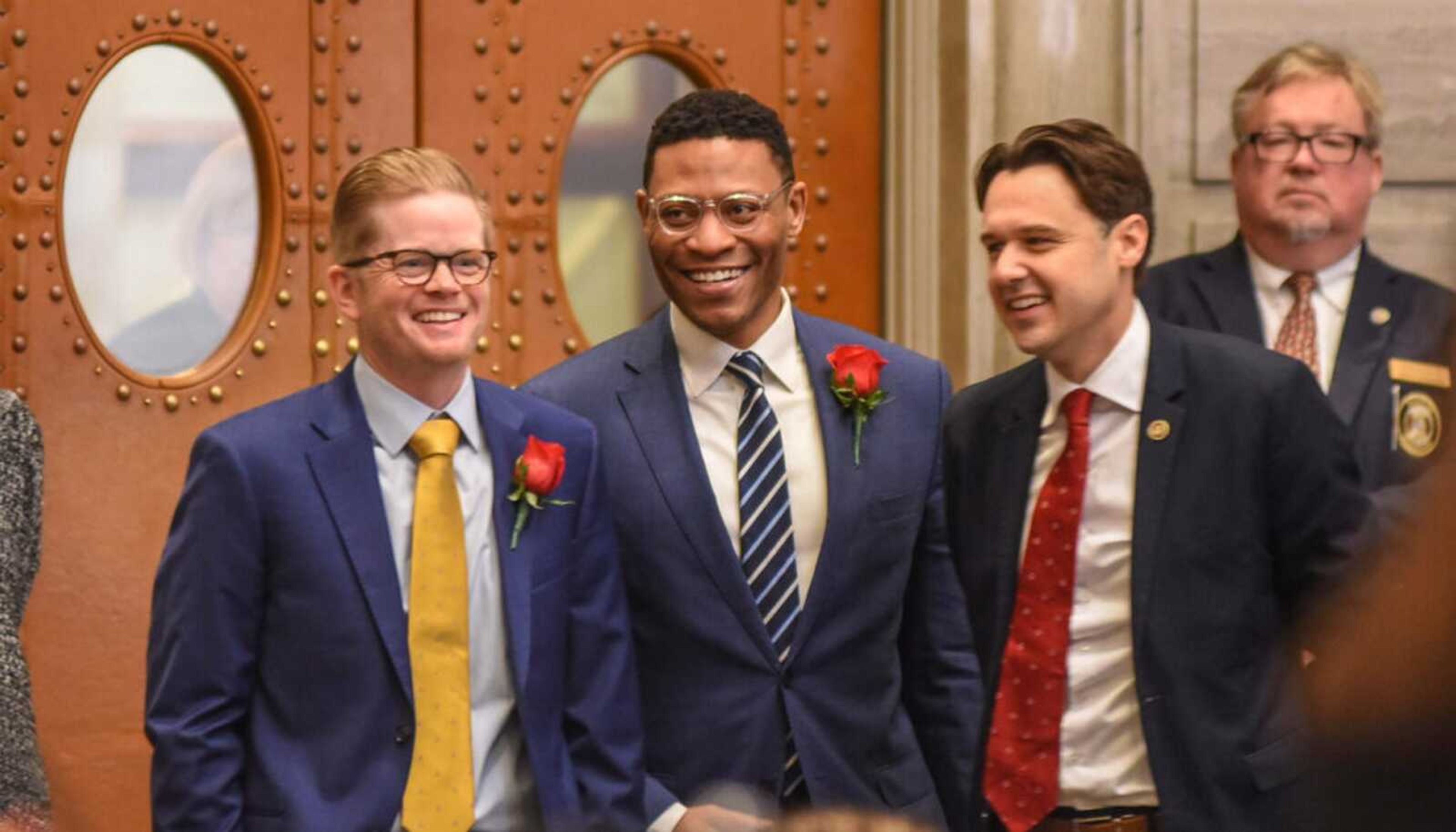 Sen. Caleb Rowden, R-Columbia, chats with Sen. Brian Williams, D-University City, and Senate Minority Leader John Rizzo, D-Independence as the Senate's secretary opens up a role-call vote. The vote unanimoisly appointed Rowden president pro tem of the Senate. Annelise Hanshaw/Missouri Independent