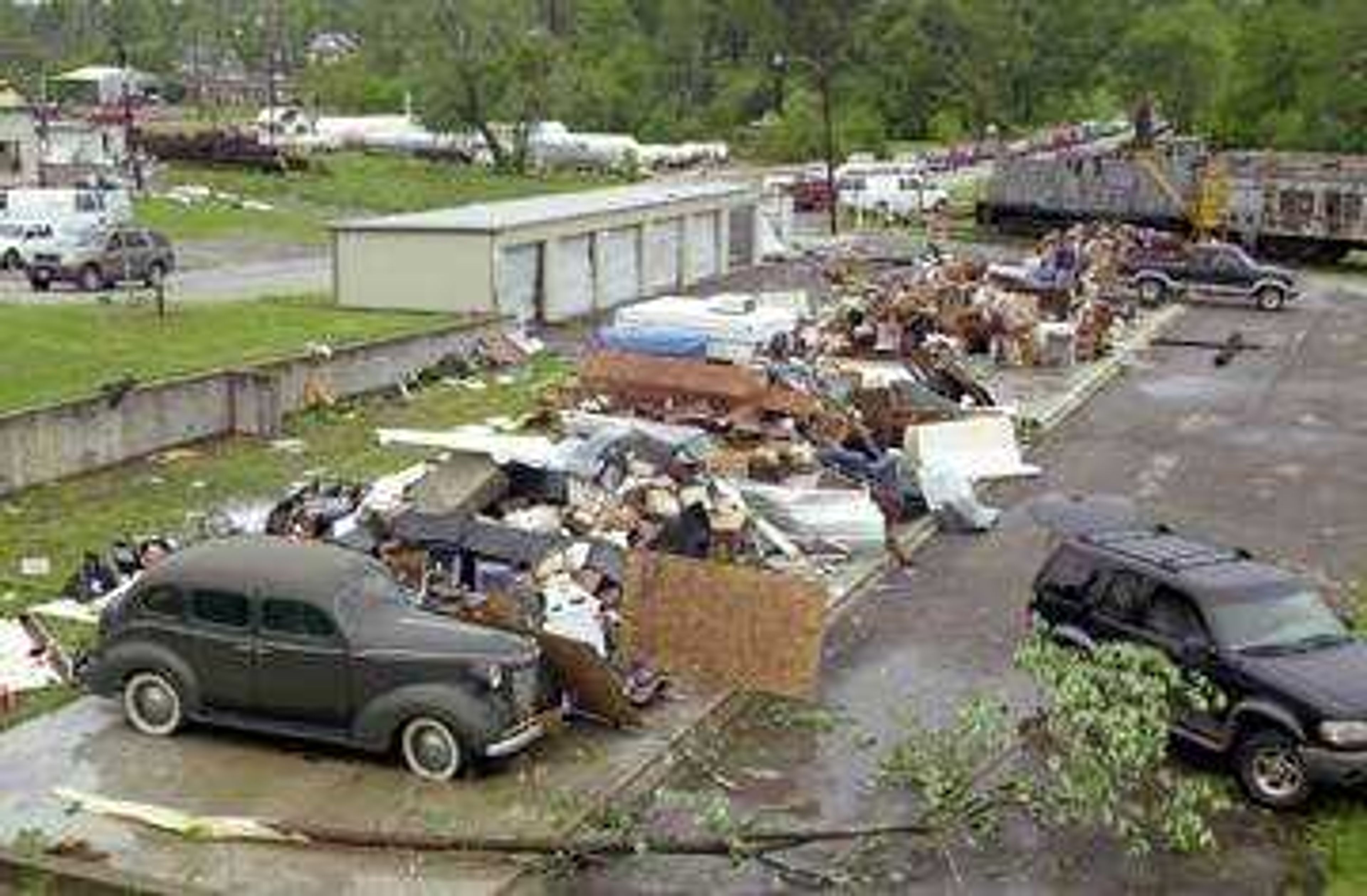 The contents of a storage facility remained at South Georgia and East Adams streets in Jackson after the tornado lifted the building.